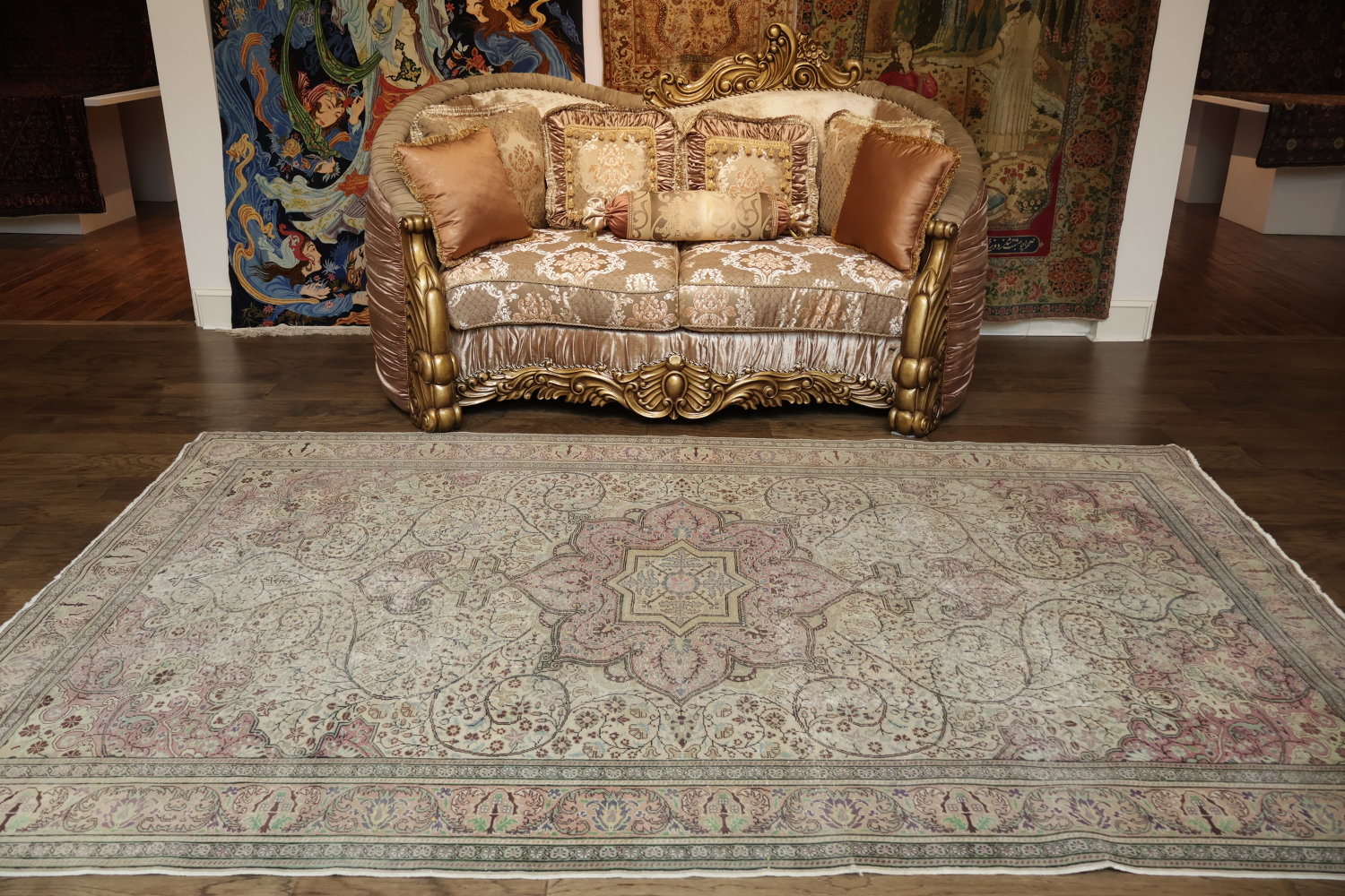 Antique Beige and Pink Geometric Anatolian Turkish Area Rug 6x10