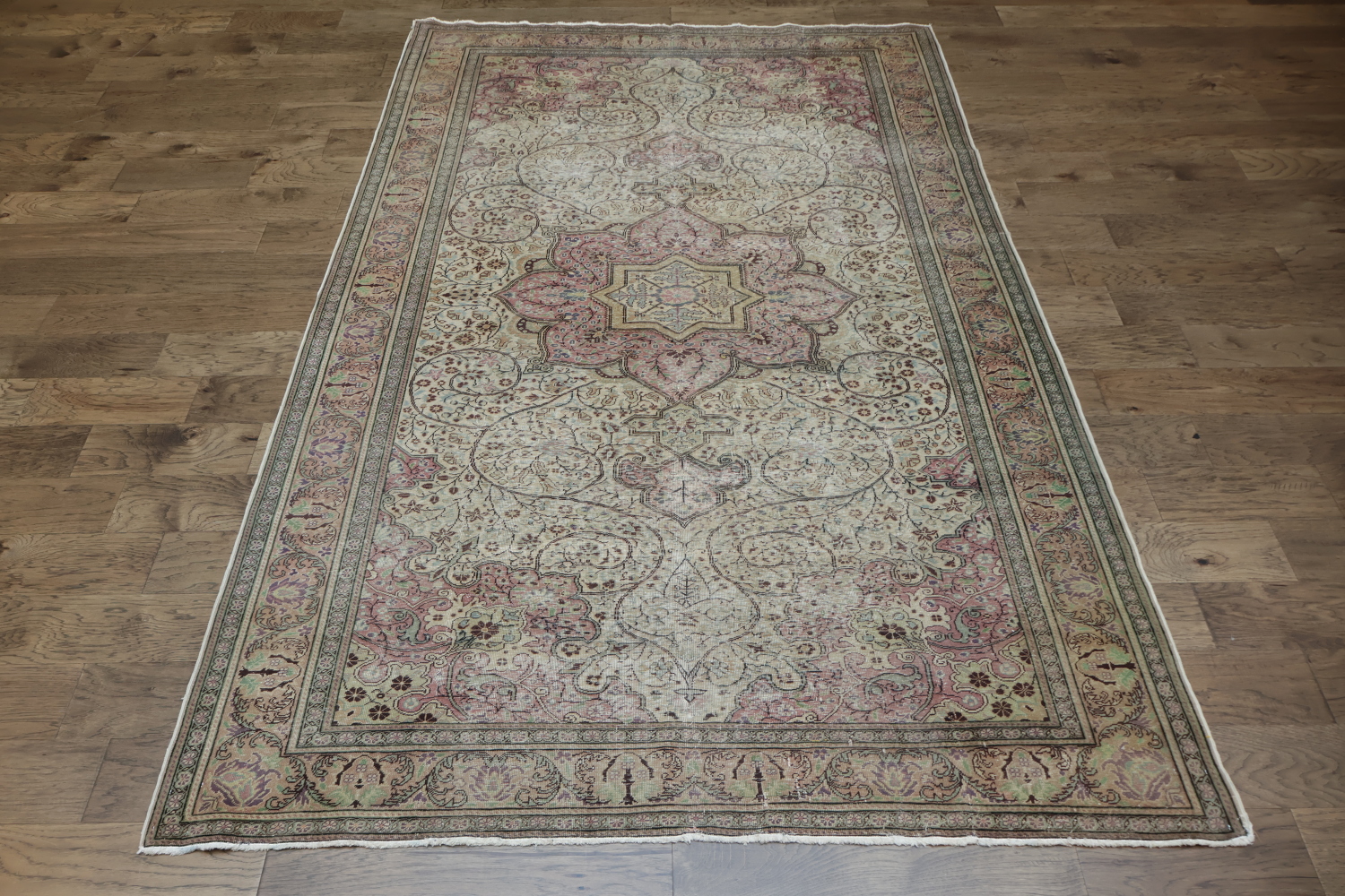 Antique Beige and Pink Geometric Anatolian Turkish Area Rug 6x10