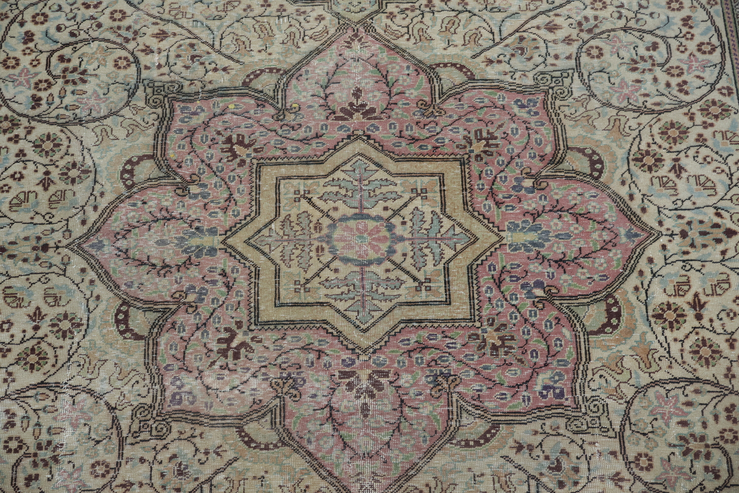 Antique Beige and Pink Geometric Anatolian Turkish Area Rug 6x10