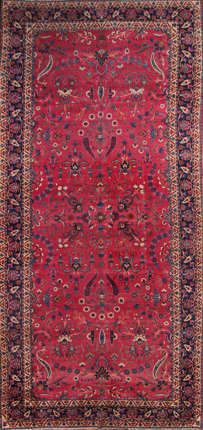 Pre-1900 Palace Size Antique Maroon 9x18 Kerman Lavar Persian Area Rug