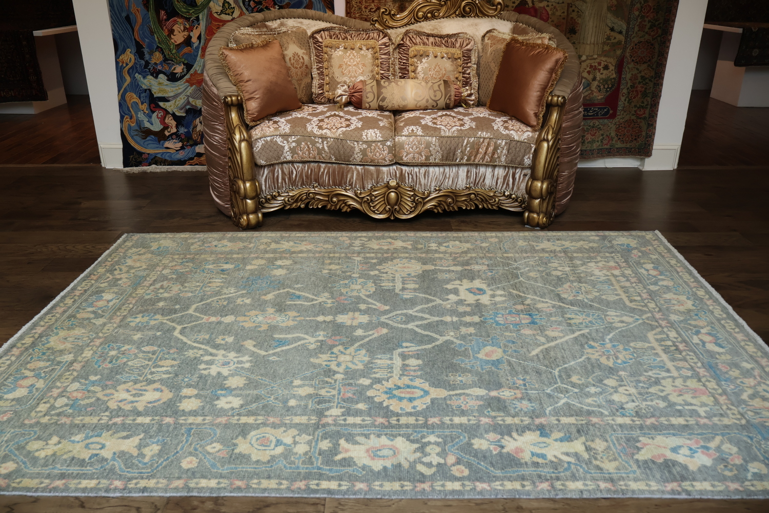 Sophisticated Floral Oushak Turkish Rug in Soft Gray for Timeless Home Decor 6x9