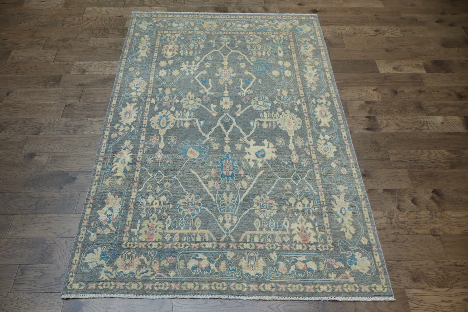 Sophisticated Floral Oushak Turkish Rug in Soft Gray for Timeless Home Decor 6x9