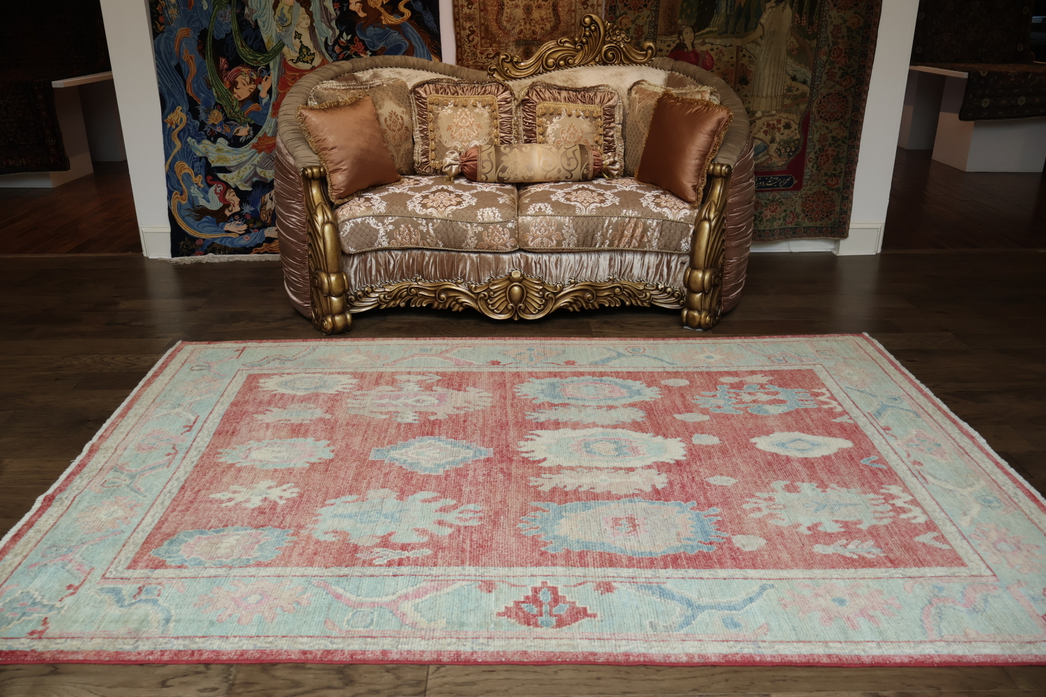 Chic Red and Aqua Oushak Turkish Rug for Modern Aesthetic Decor 6x9