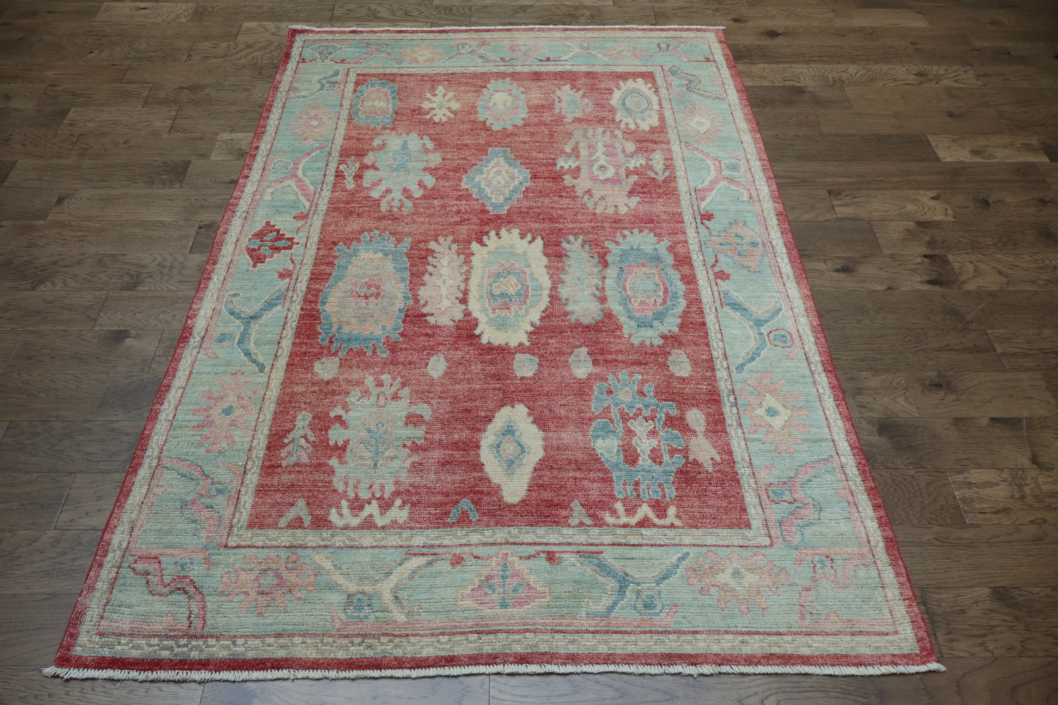 Chic Red and Aqua Oushak Turkish Rug for Modern Aesthetic Decor 6x9
