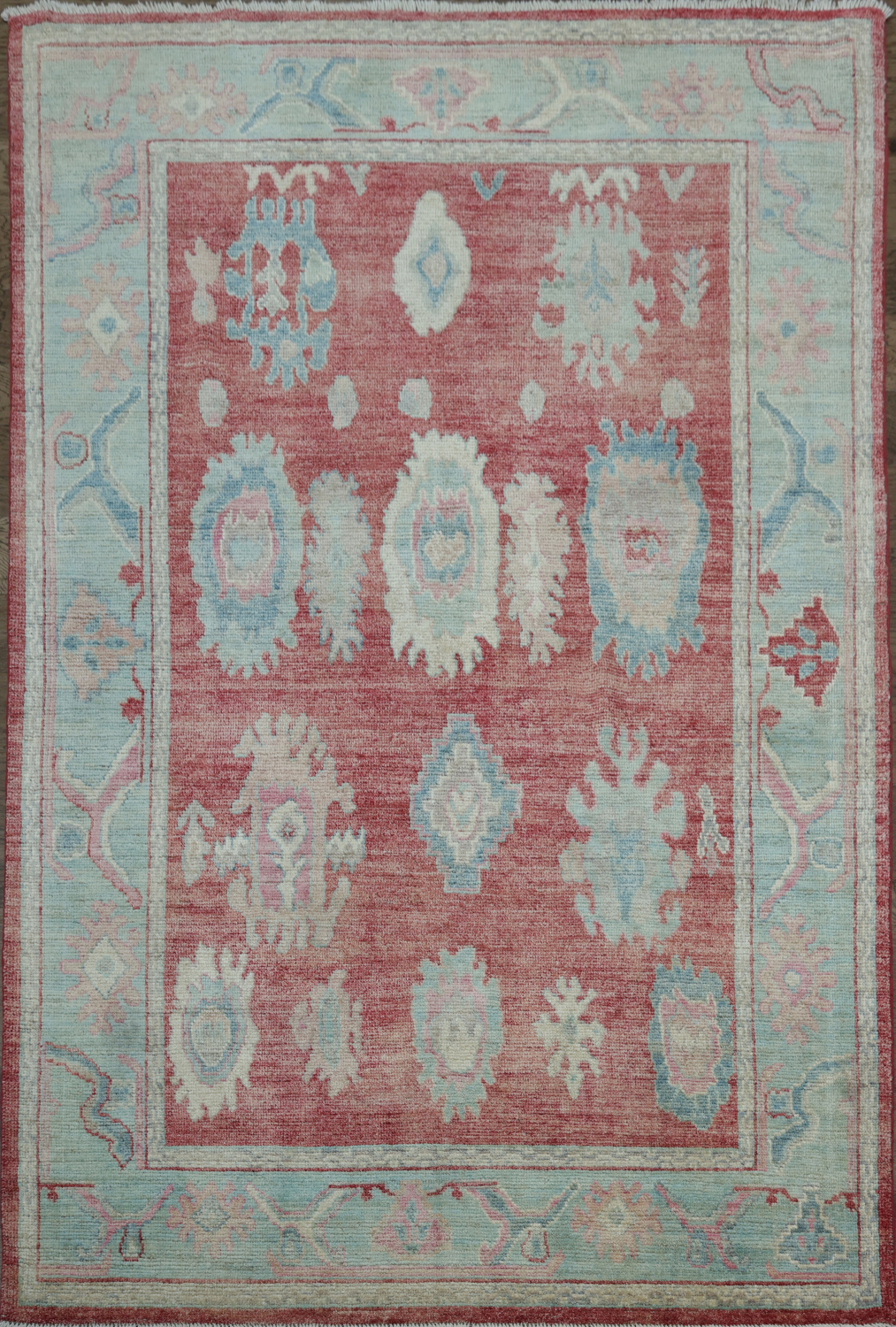 Chic Red and Aqua Oushak Turkish Rug for Modern Aesthetic Decor 6x9