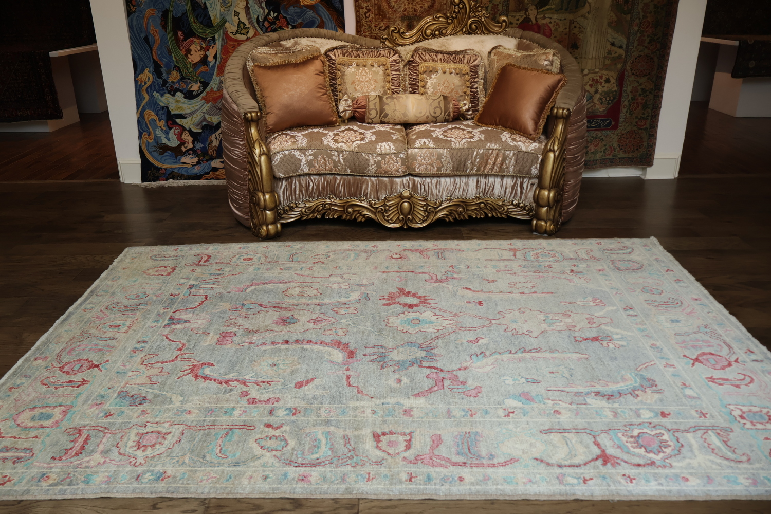 Chic Gray Oushak Turkish Designer Rug in Muted Blues and Reds 6x9