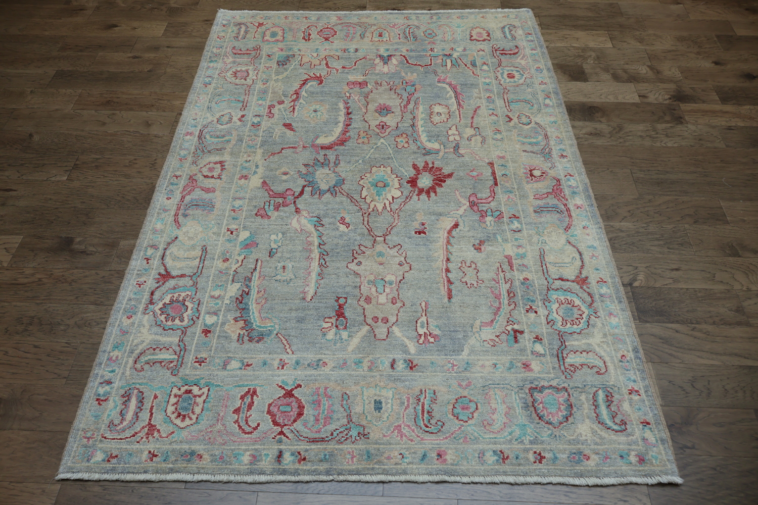 Chic Gray Oushak Turkish Designer Rug in Muted Blues and Reds 6x9
