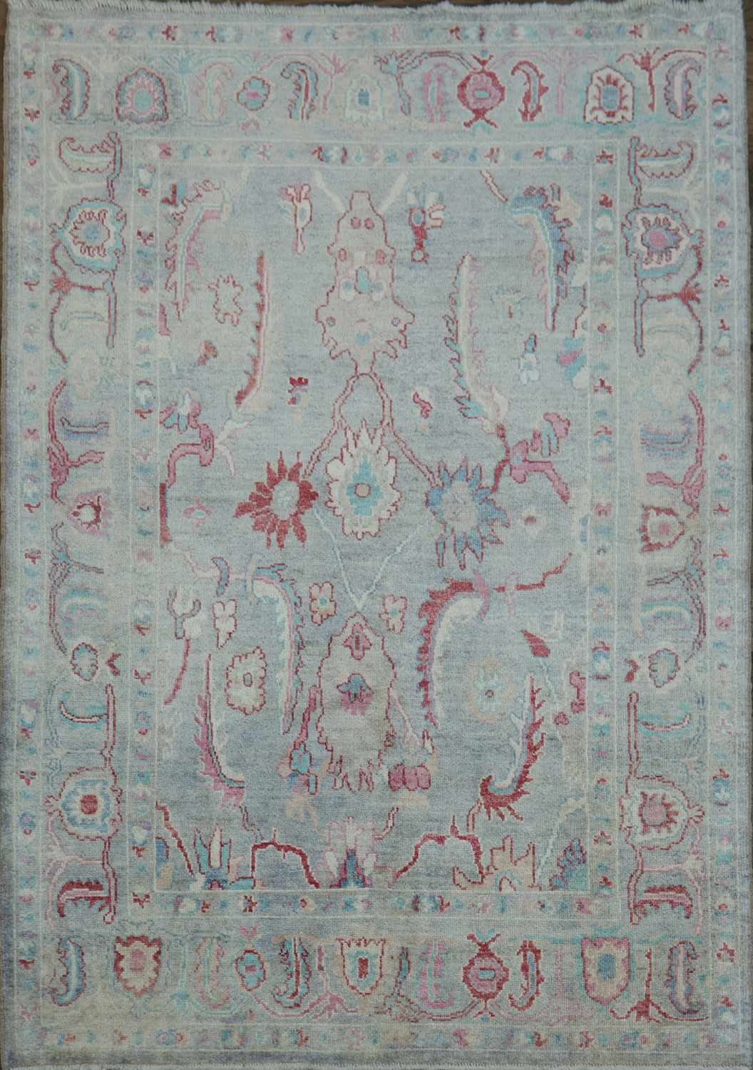 Chic Gray Oushak Turkish Designer Rug in Muted Blues and Reds 6x9