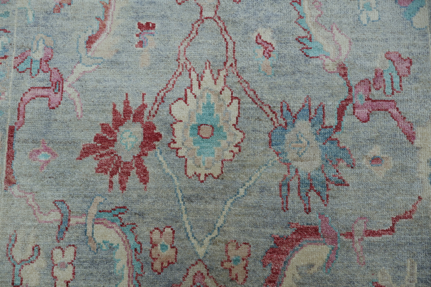 Chic Gray Oushak Turkish Designer Rug in Muted Blues and Reds 6x9