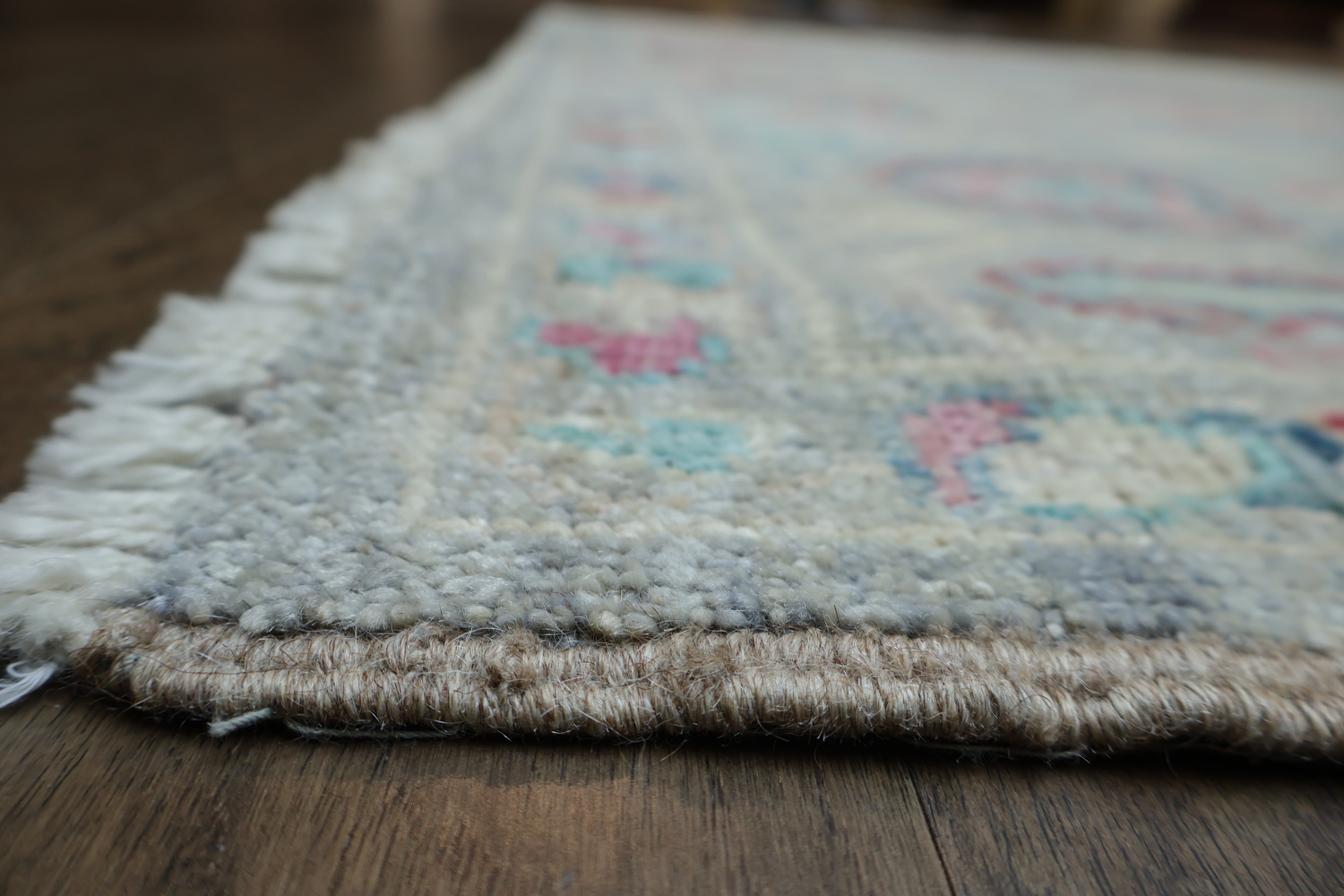 Chic Gray Oushak Turkish Designer Rug in Muted Blues and Reds 6x9