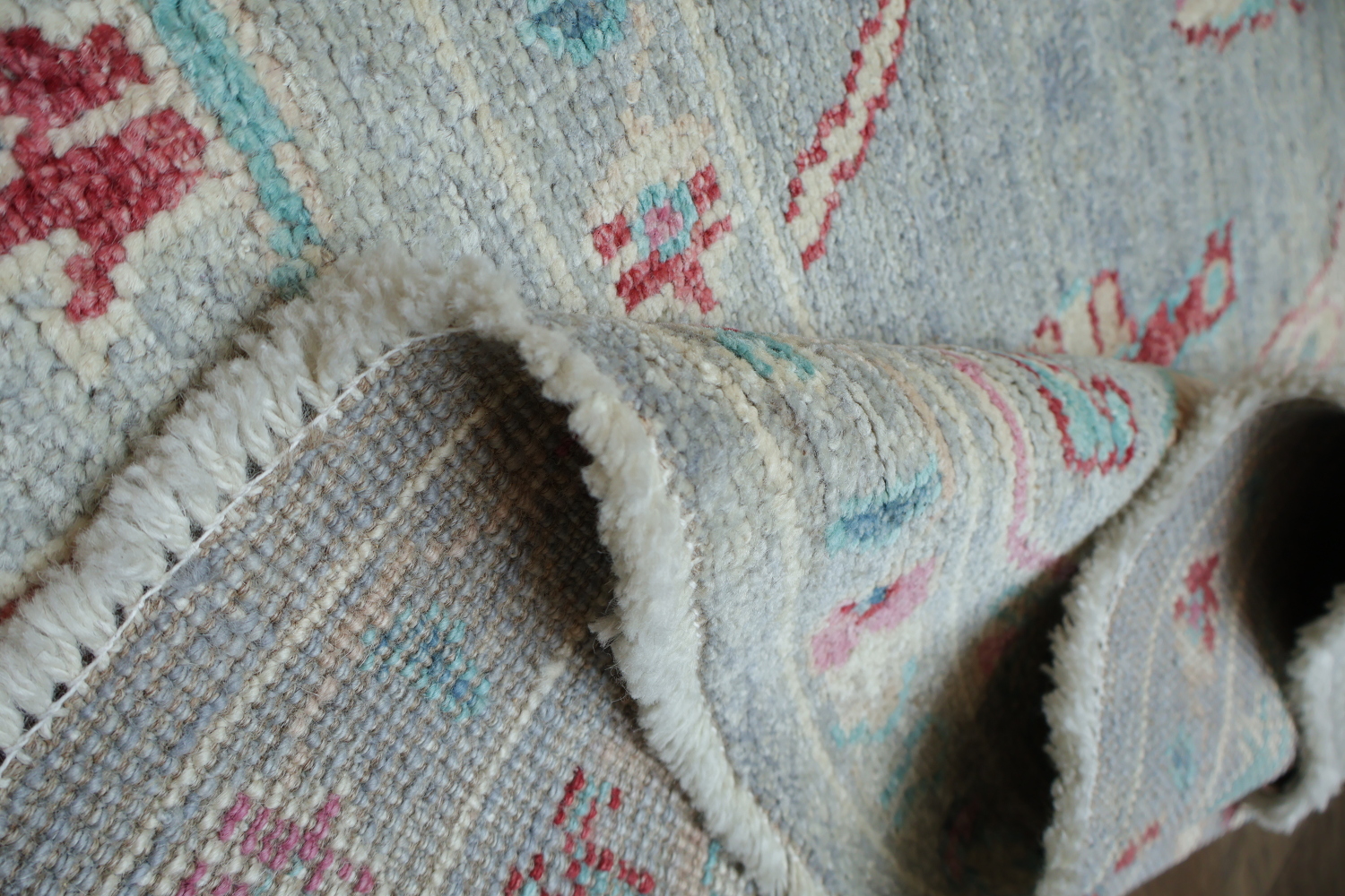 Chic Gray Oushak Turkish Designer Rug in Muted Blues and Reds 6x9