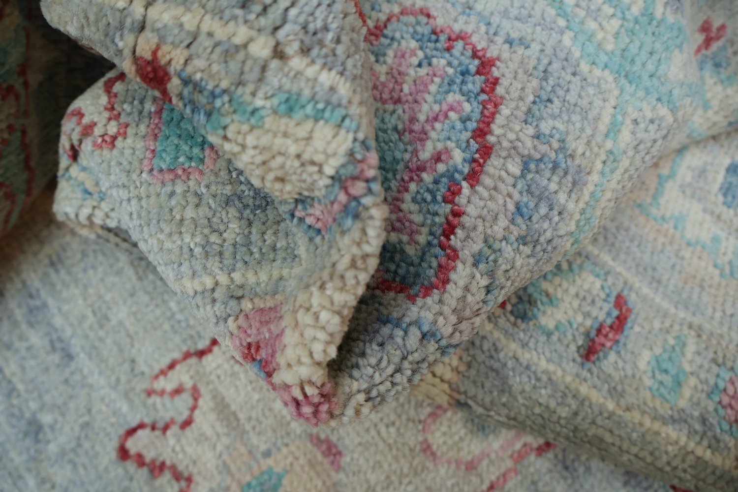 Chic Gray Oushak Turkish Designer Rug in Muted Blues and Reds 6x9