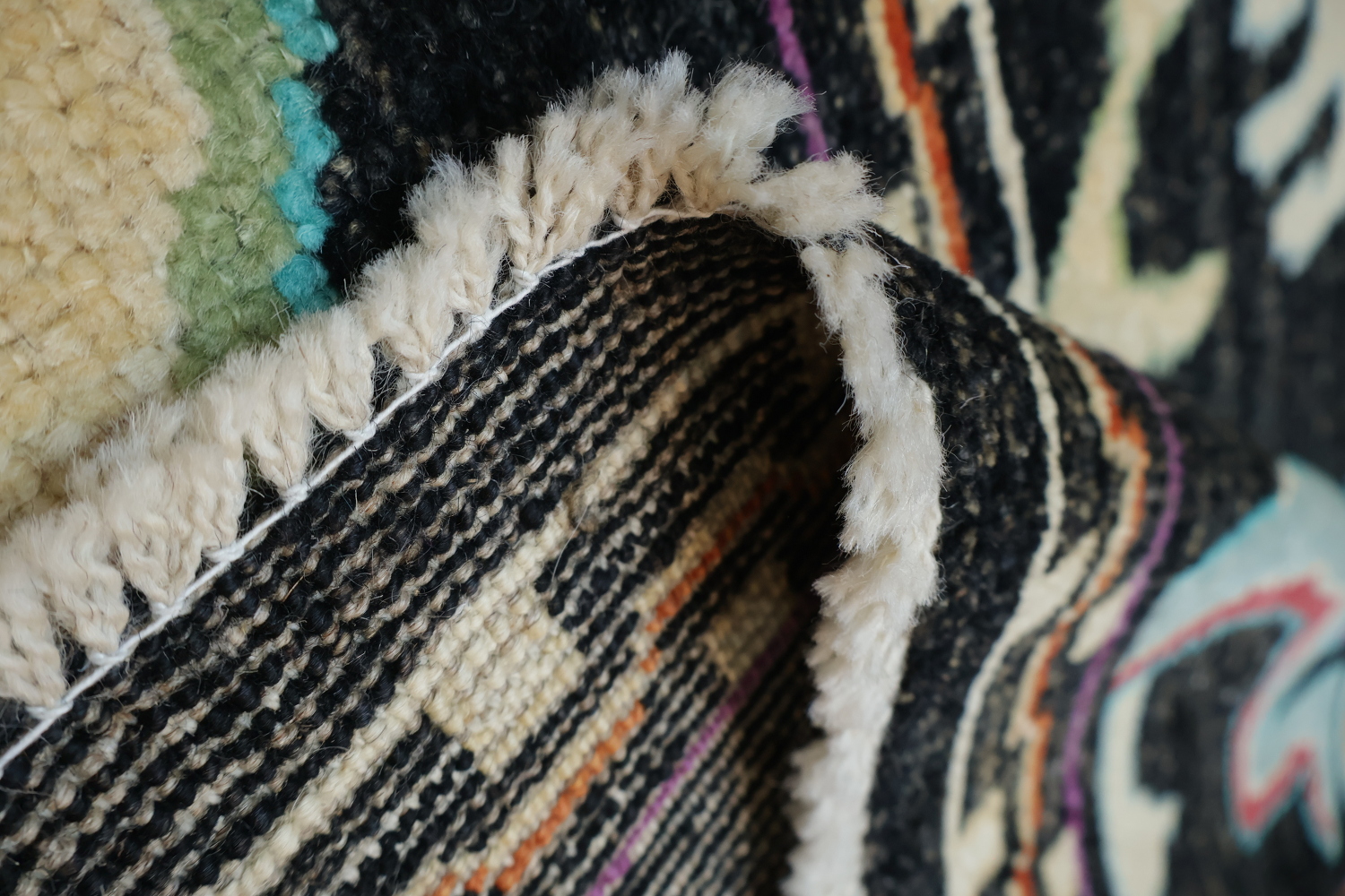 Bright and Whimsical Black Oushak Turkish Rug with Abstract Elements 8x11