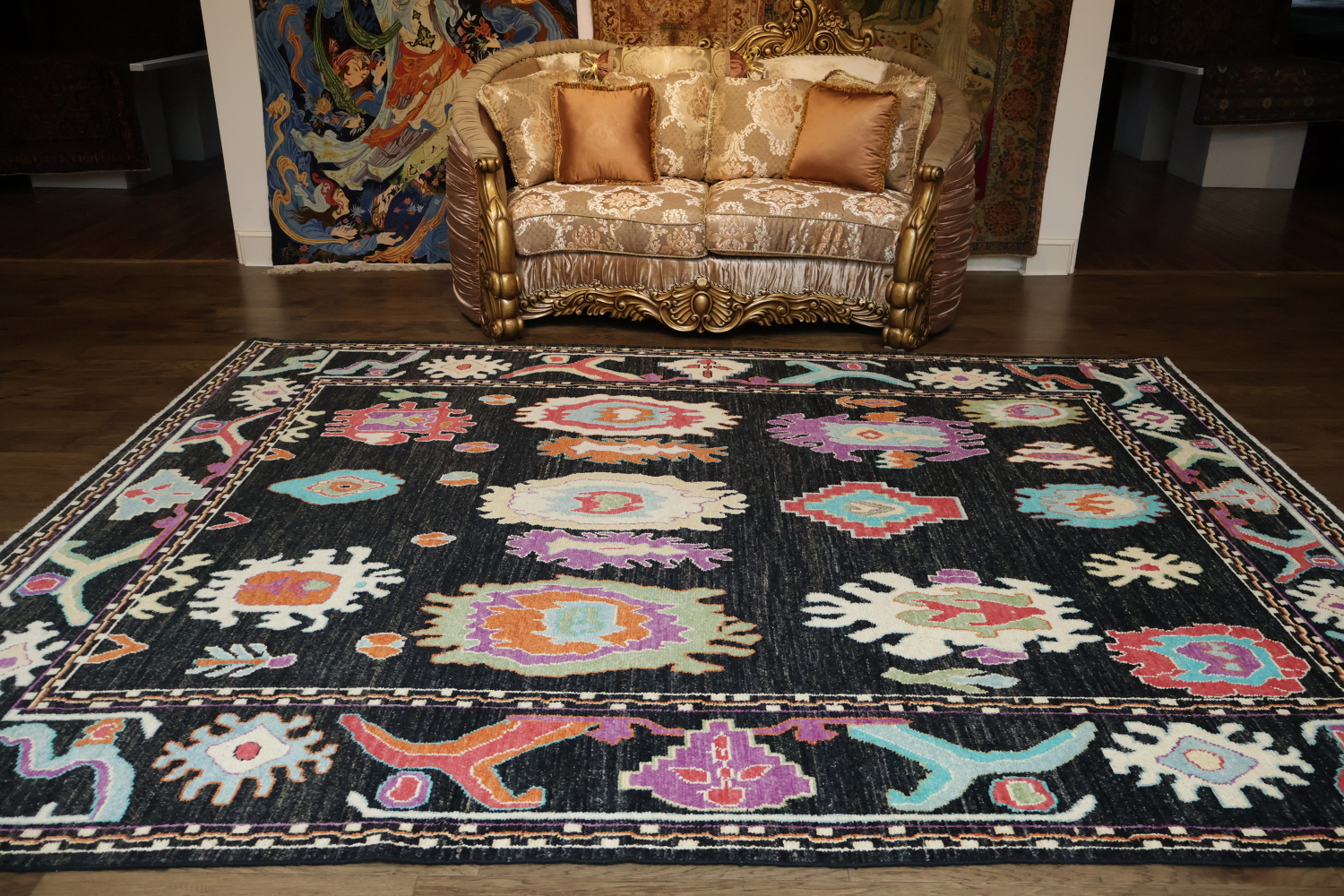Bright and Whimsical Black Oushak Turkish Rug with Abstract Elements 8x11