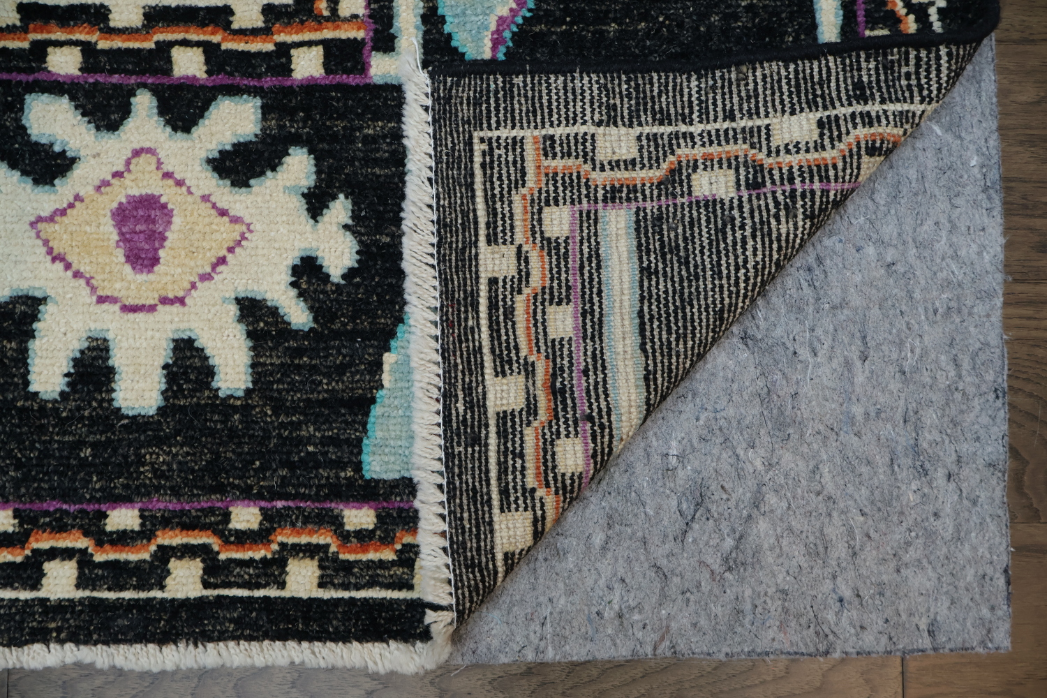 Bright and Whimsical Black Oushak Turkish Rug with Abstract Elements 8x11