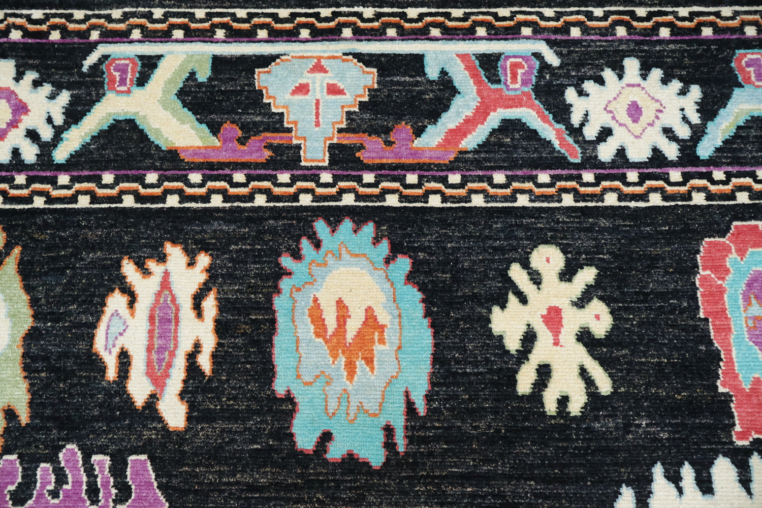Bright and Whimsical Black Oushak Turkish Rug with Abstract Elements 8x11