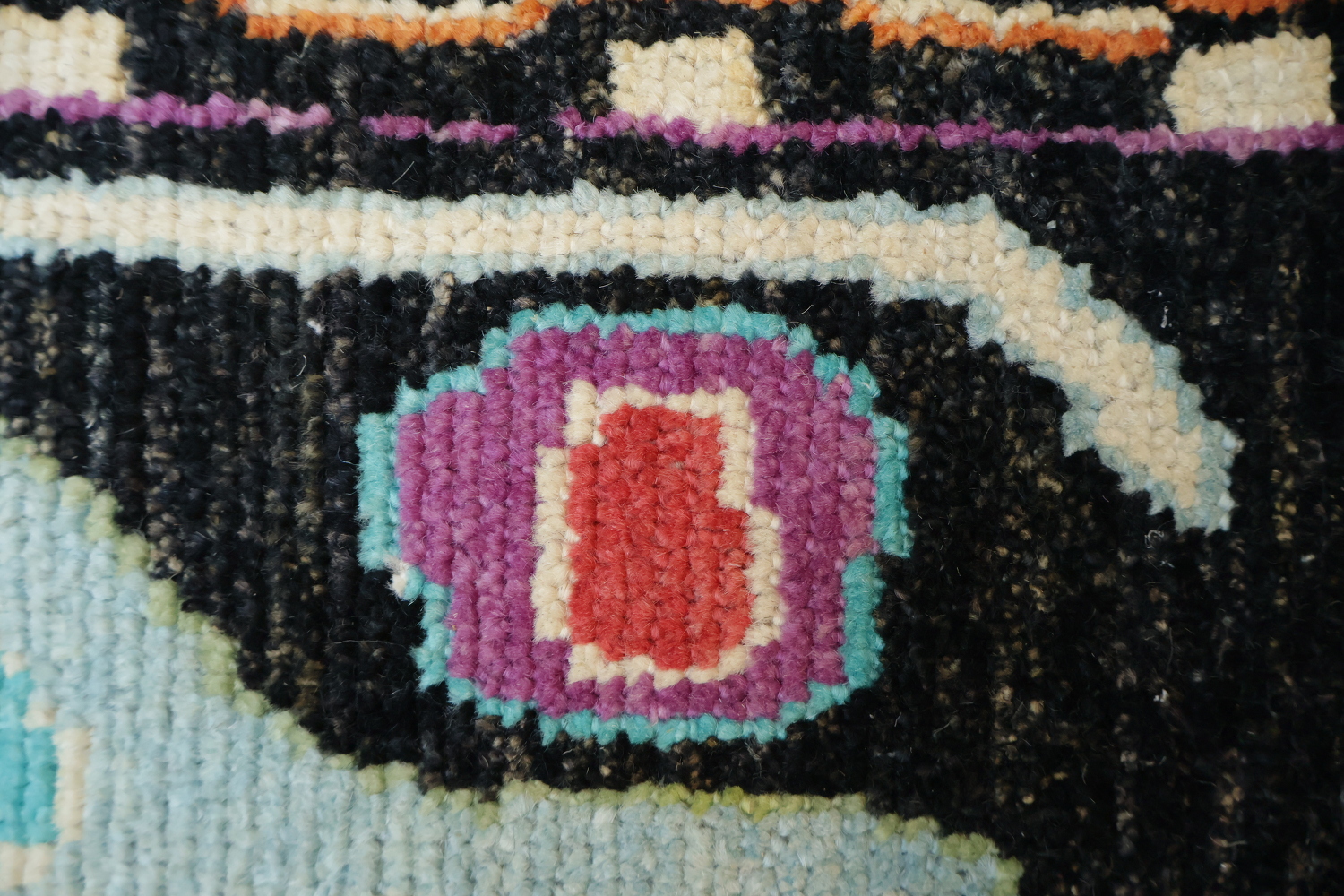 Bright and Whimsical Black Oushak Turkish Rug with Abstract Elements 8x11