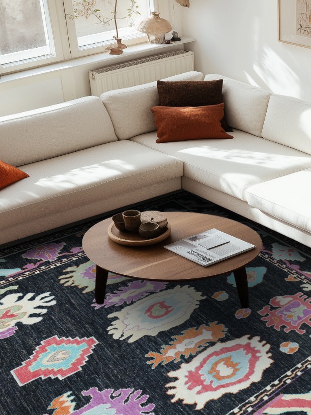 Bright and Whimsical Black Oushak Turkish Rug with Abstract Elements 8x11