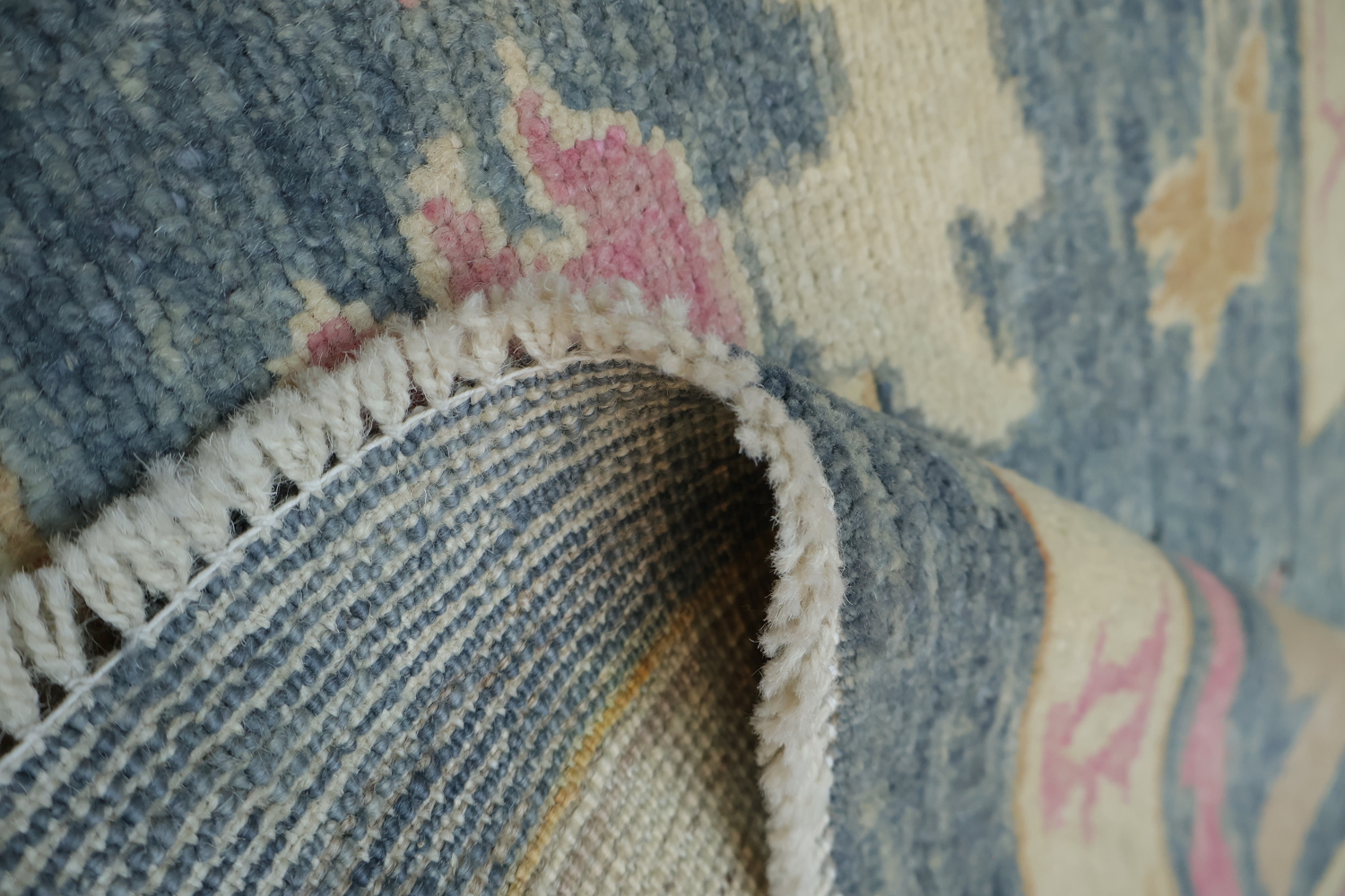 Elegant Grey Blue and Pink Oushak Turkish Rug with Traditional Design Motifs