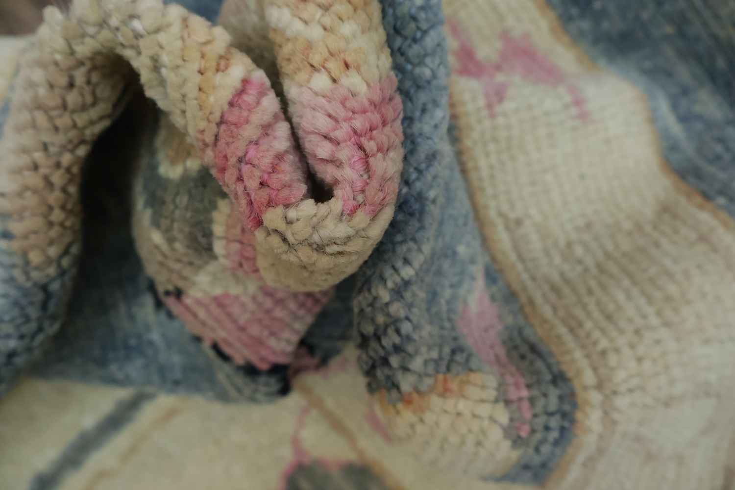 Elegant Grey Blue and Pink Oushak Turkish Rug with Traditional Design Motifs