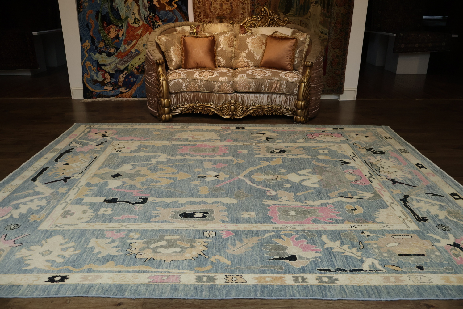 Elegant Grey Blue and Pink Oushak Turkish Rug with Traditional Design Motifs
