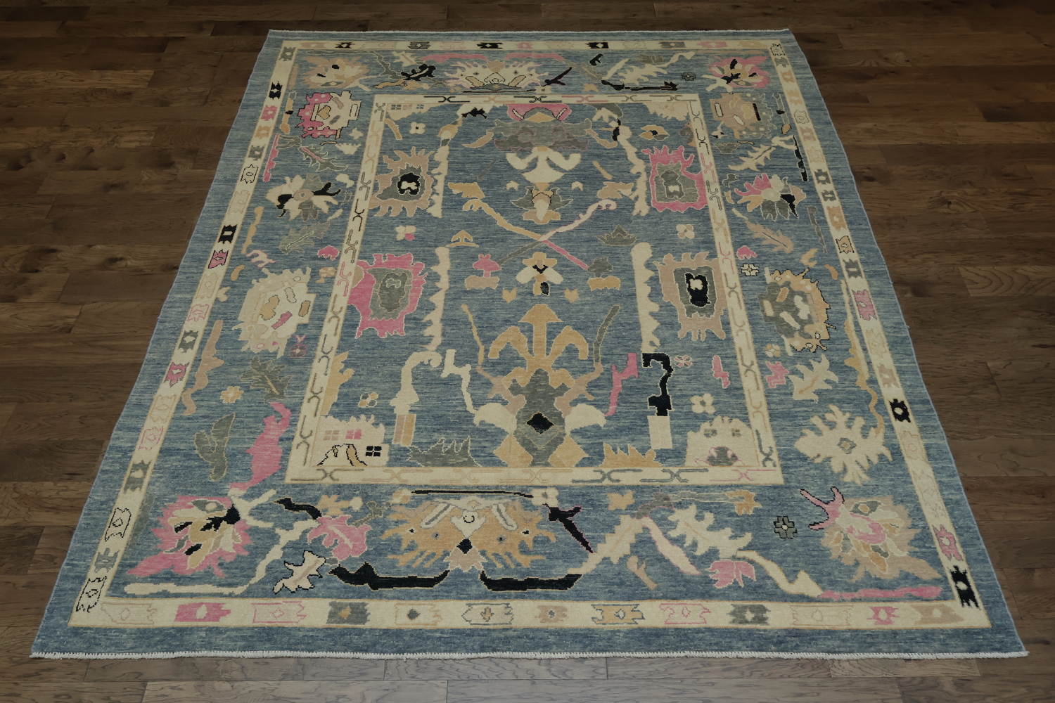 Elegant Grey Blue and Pink Oushak Turkish Rug with Traditional Design Motifs