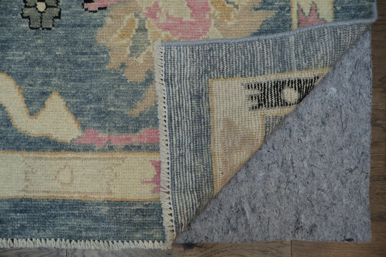 Elegant Grey Blue and Pink Oushak Turkish Rug with Traditional Design Motifs