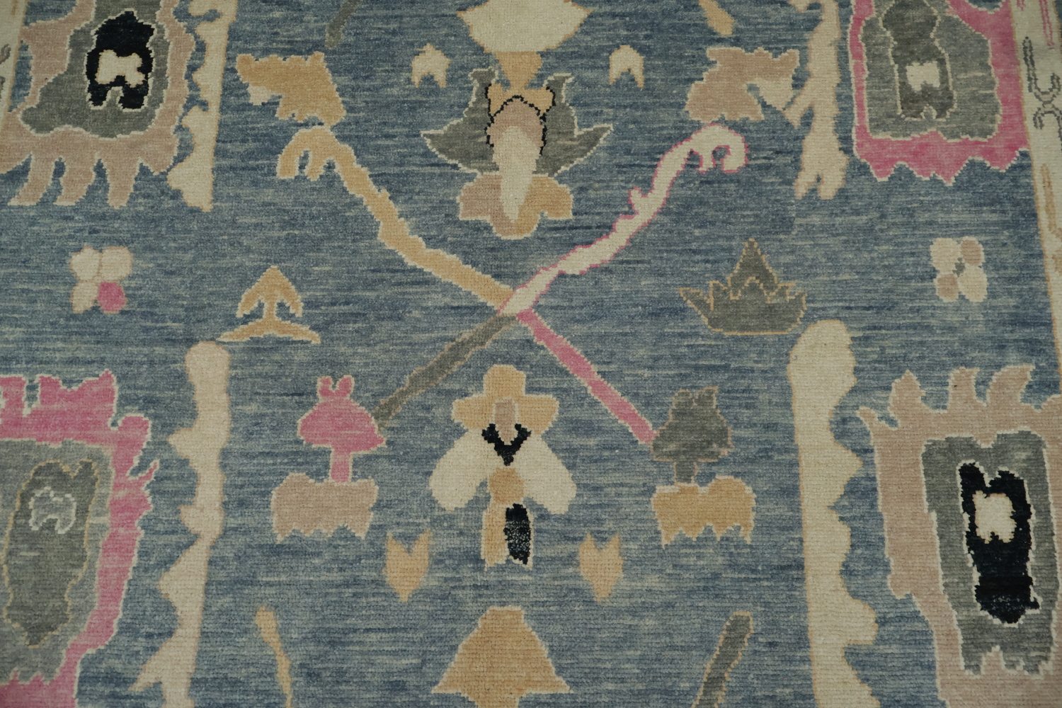 Elegant Grey Blue and Pink Oushak Turkish Rug with Traditional Design Motifs
