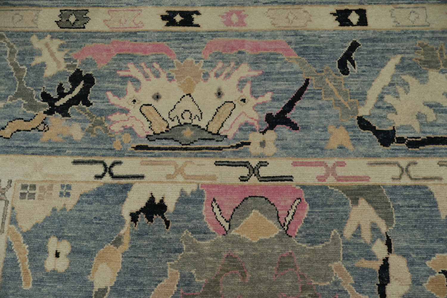 Elegant Grey Blue and Pink Oushak Turkish Rug with Traditional Design Motifs