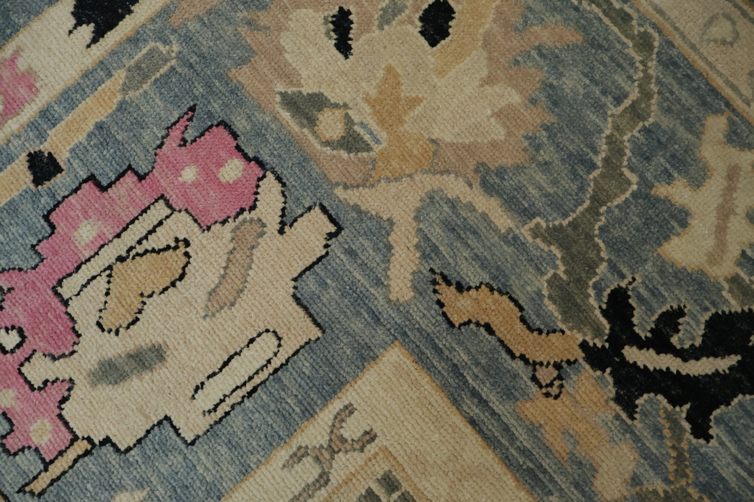Elegant Grey Blue and Pink Oushak Turkish Rug with Traditional Design Motifs