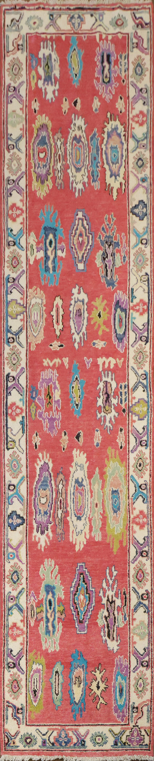 Vibrant Red Oushak Turkish Runner Rug 12' 9'' X 2' 7''