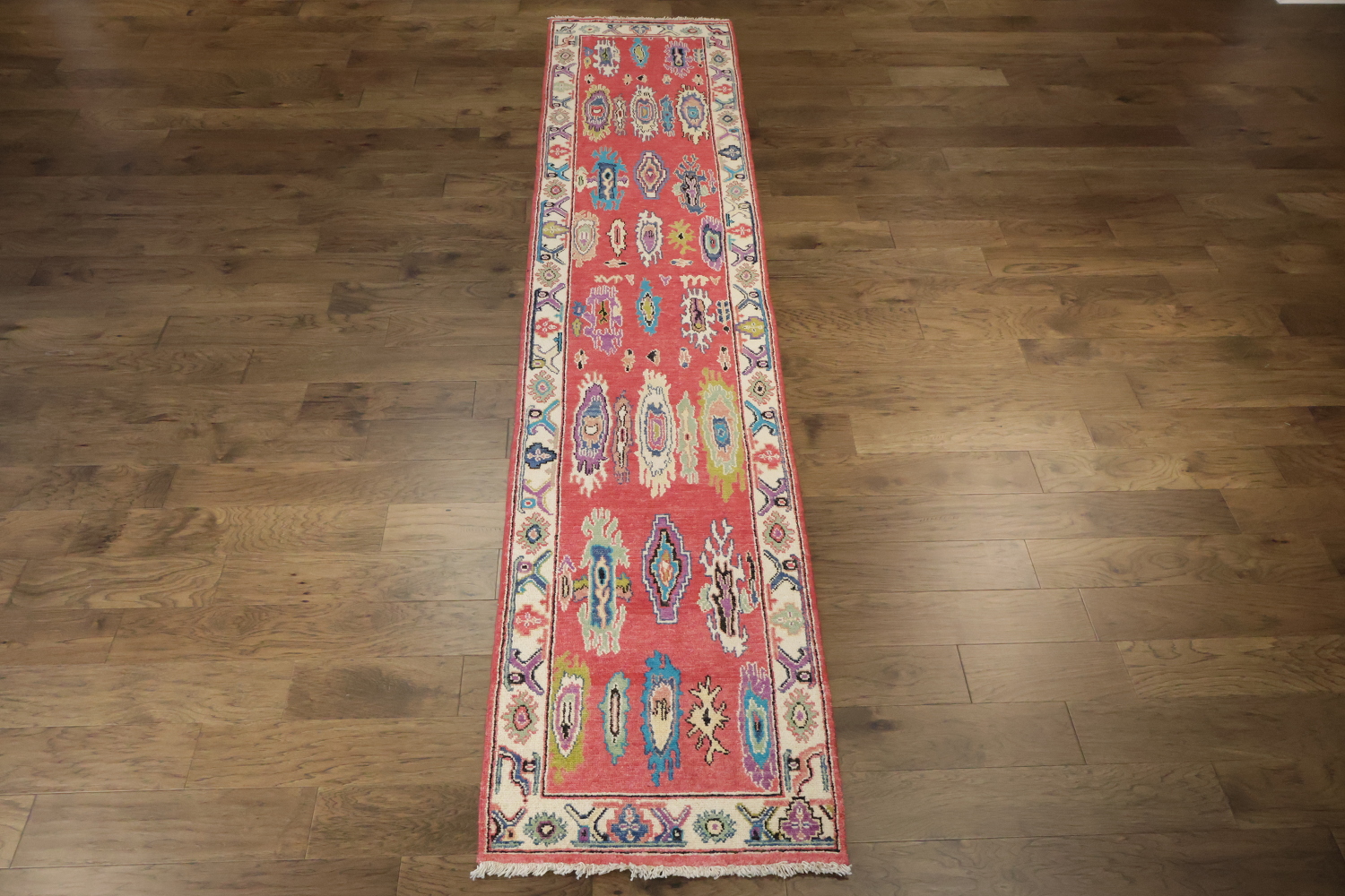 Vibrant Red Oushak Turkish Runner Rug 12' 9'' X 2' 7''