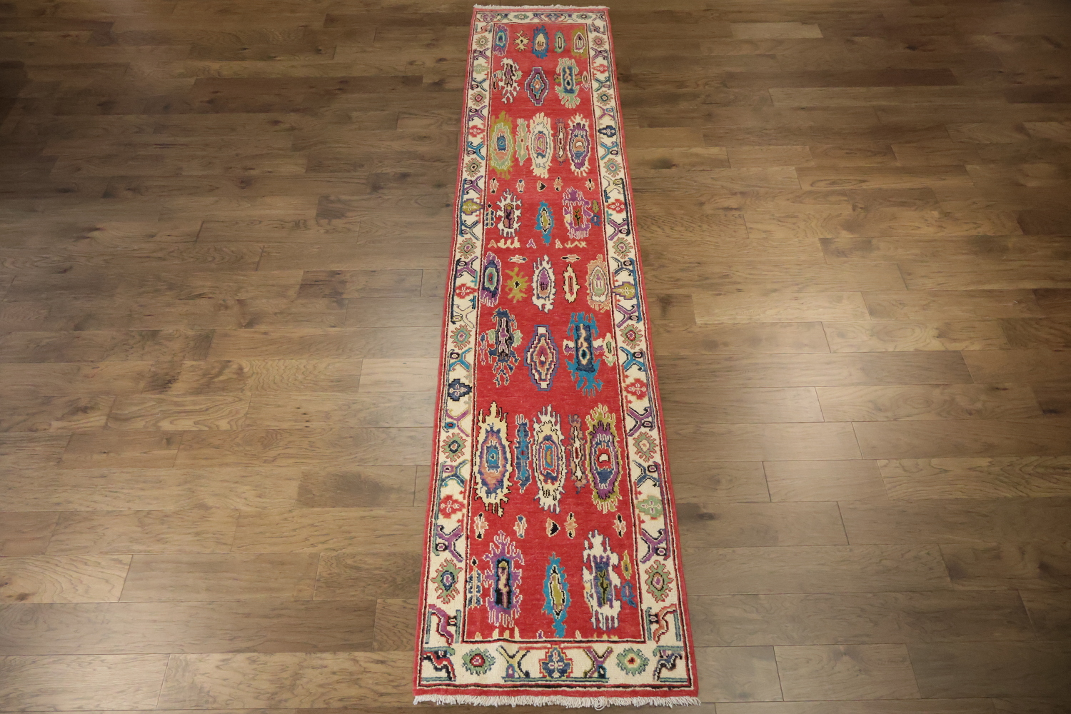 Vibrant Red Oushak Turkish Runner Rug 12' 9'' X 2' 7''