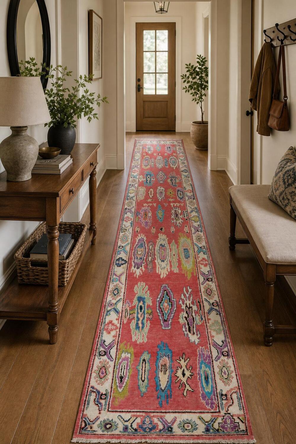 Vibrant Red Oushak Turkish Runner Rug 12' 9'' X 2' 7''