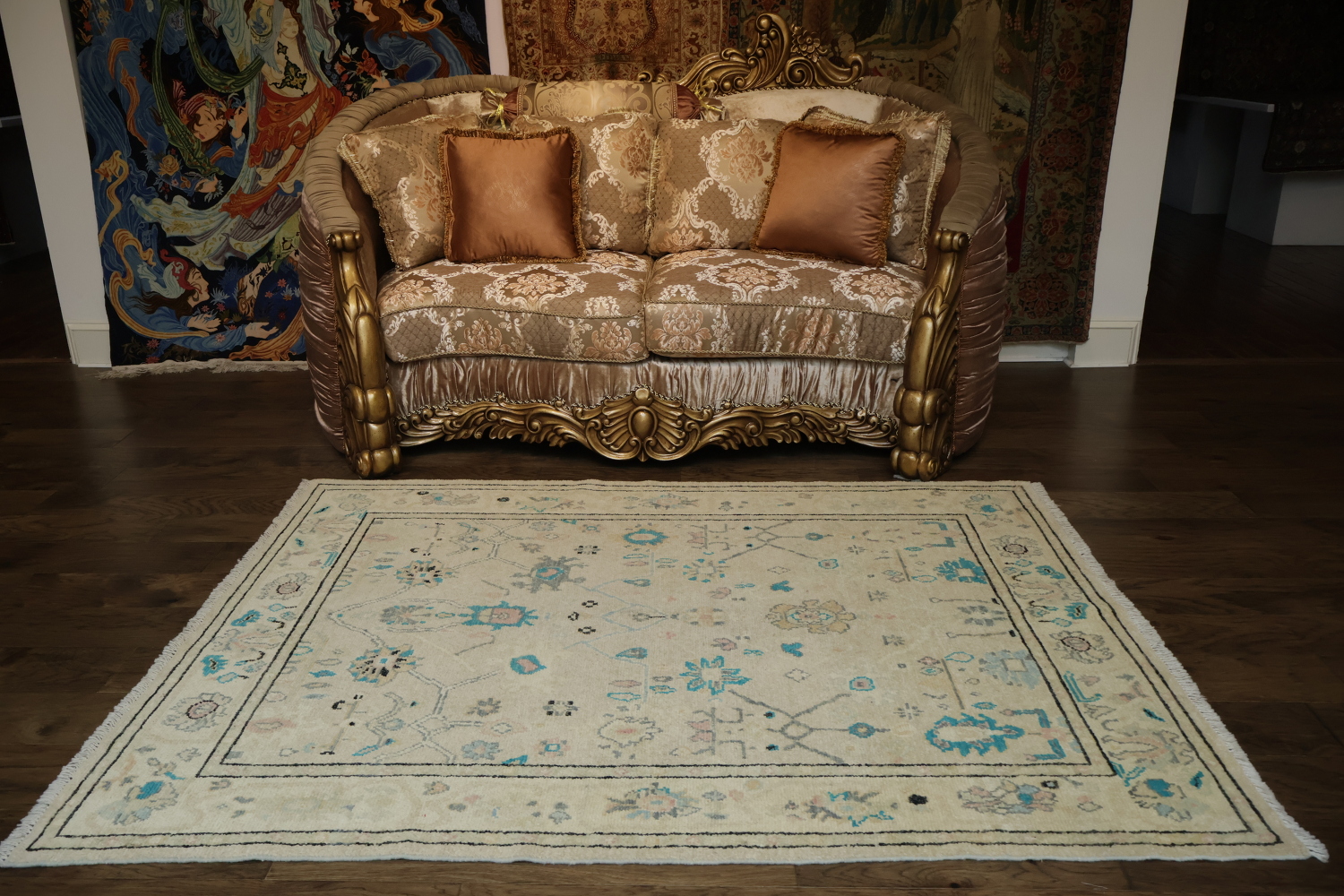 Oushak Turkish Rug with a cream/beige background and blue/turquoise accents 5x6