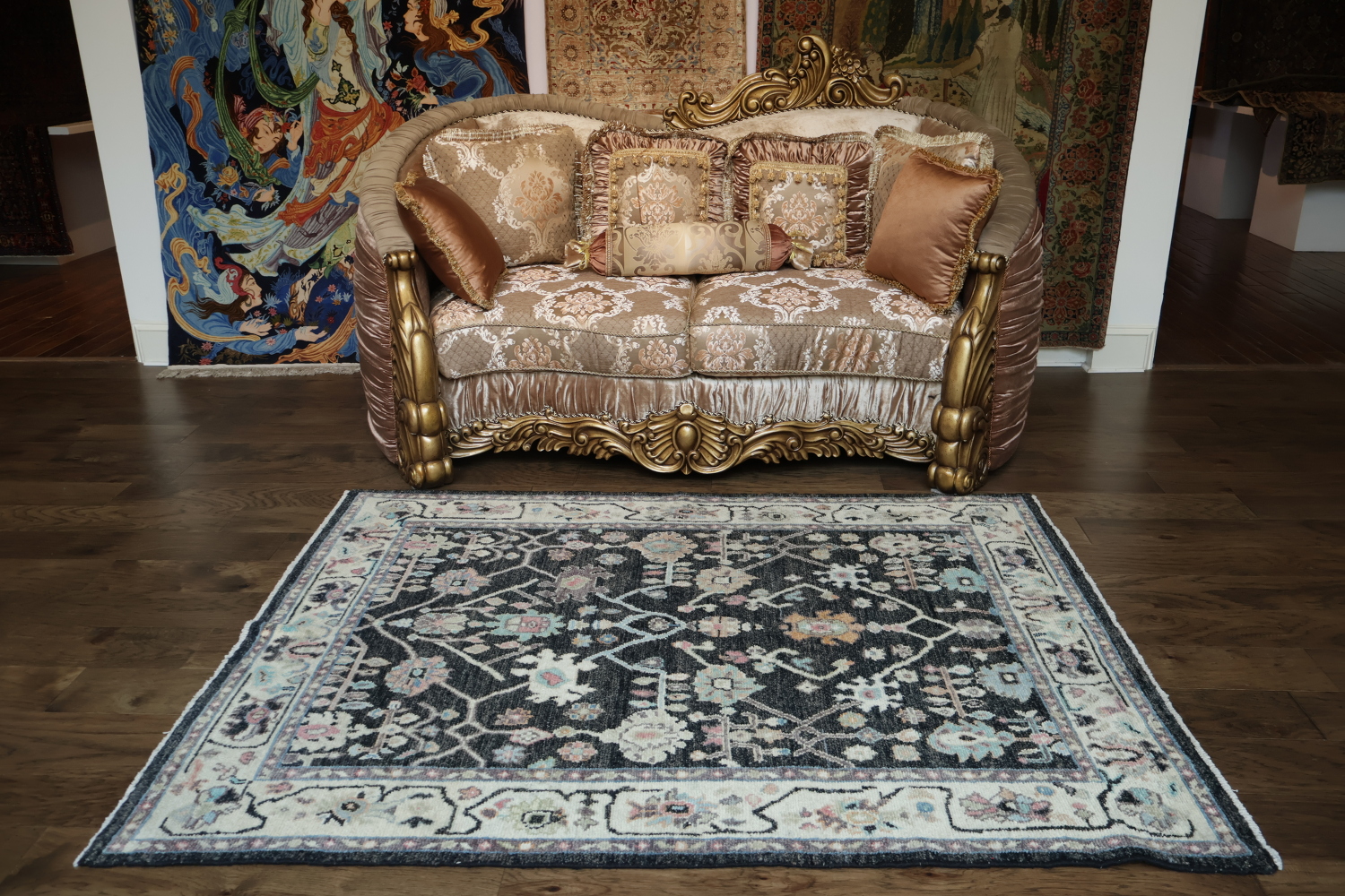 Black Floral Oushak Oriental Area Rug 5x6