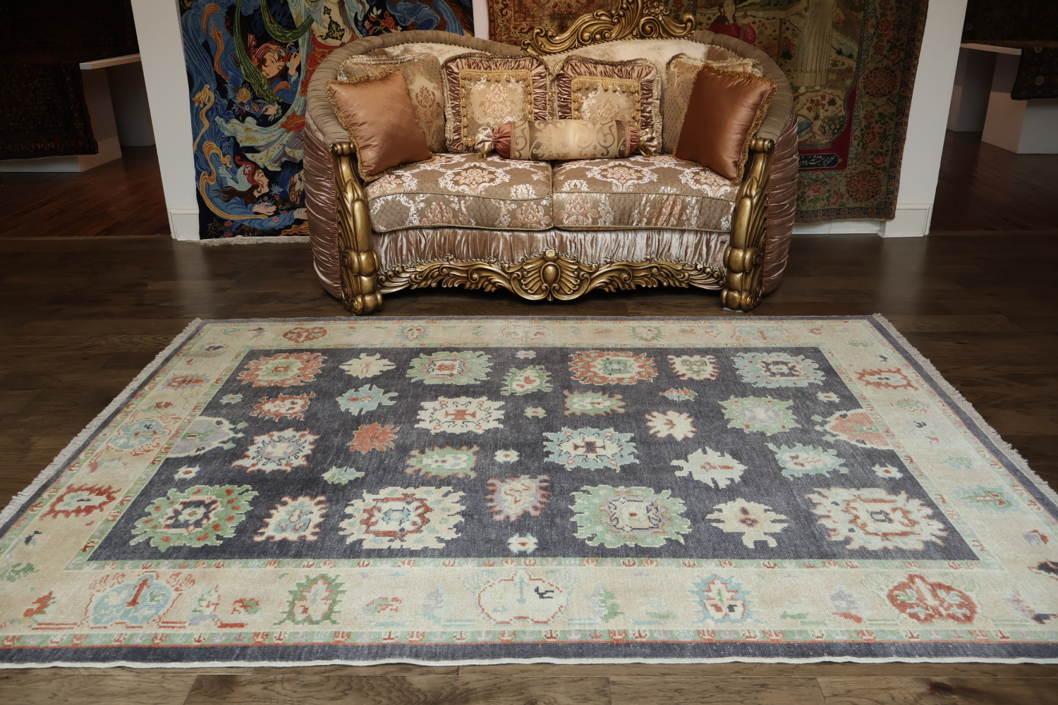 Muted Navy Blue Oushak Turkish Wool Rug with Vibrant Floral Patterns and Border 6x9