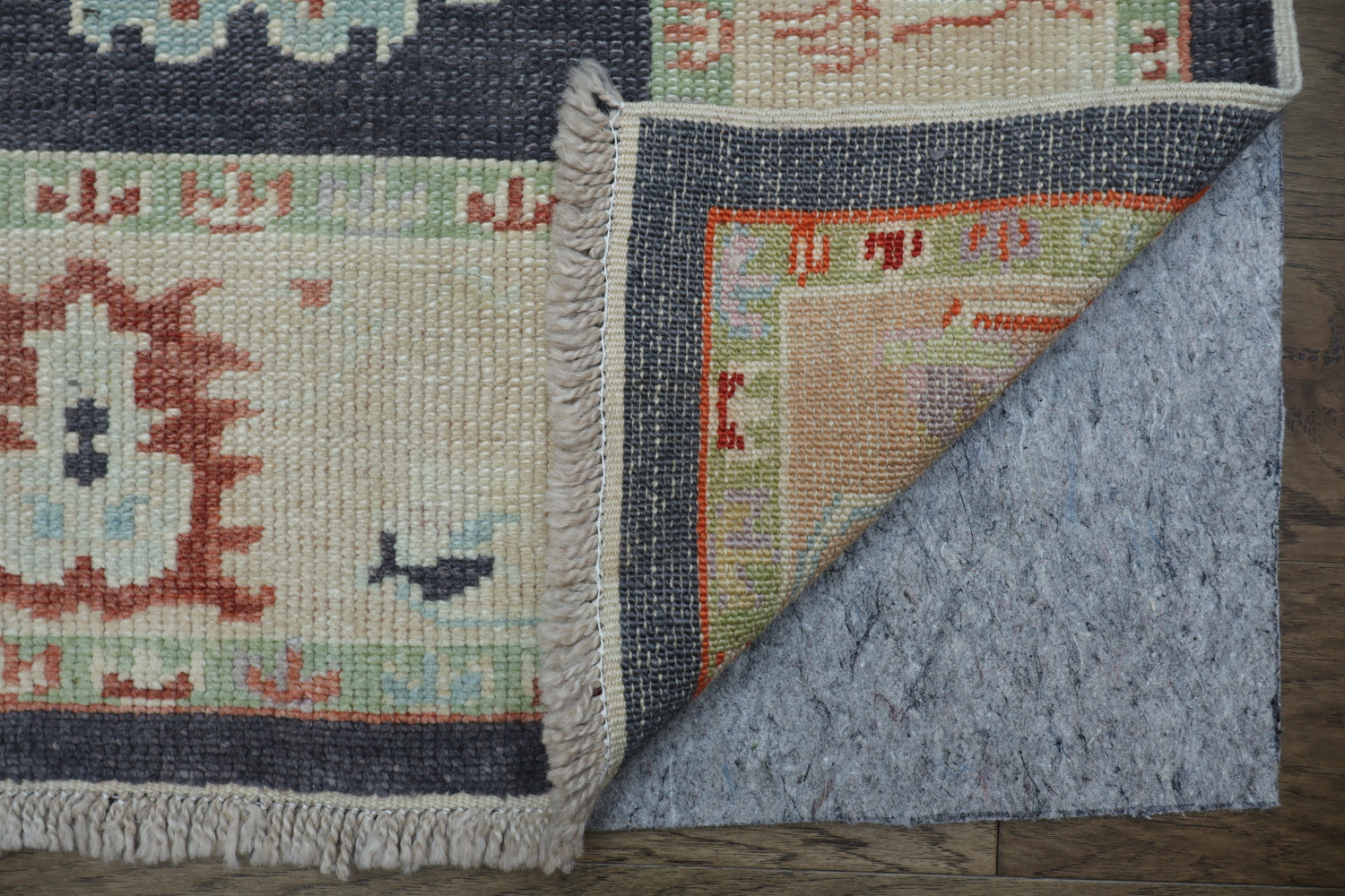 Muted Navy Blue Oushak Turkish Wool Rug with Vibrant Floral Patterns and Border 6x9