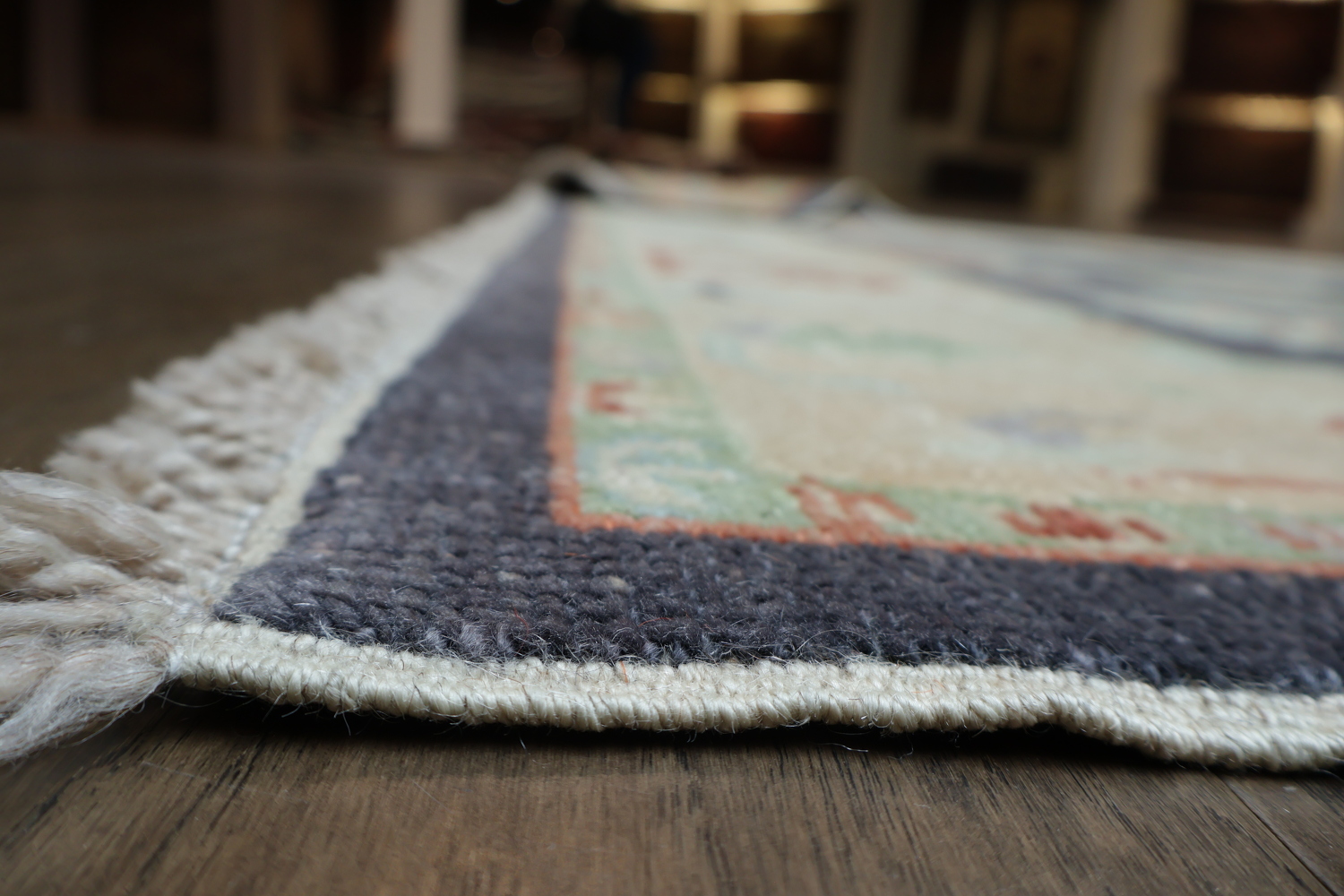 Muted Navy Blue Oushak Turkish Wool Rug with Vibrant Floral Patterns and Border 6x9