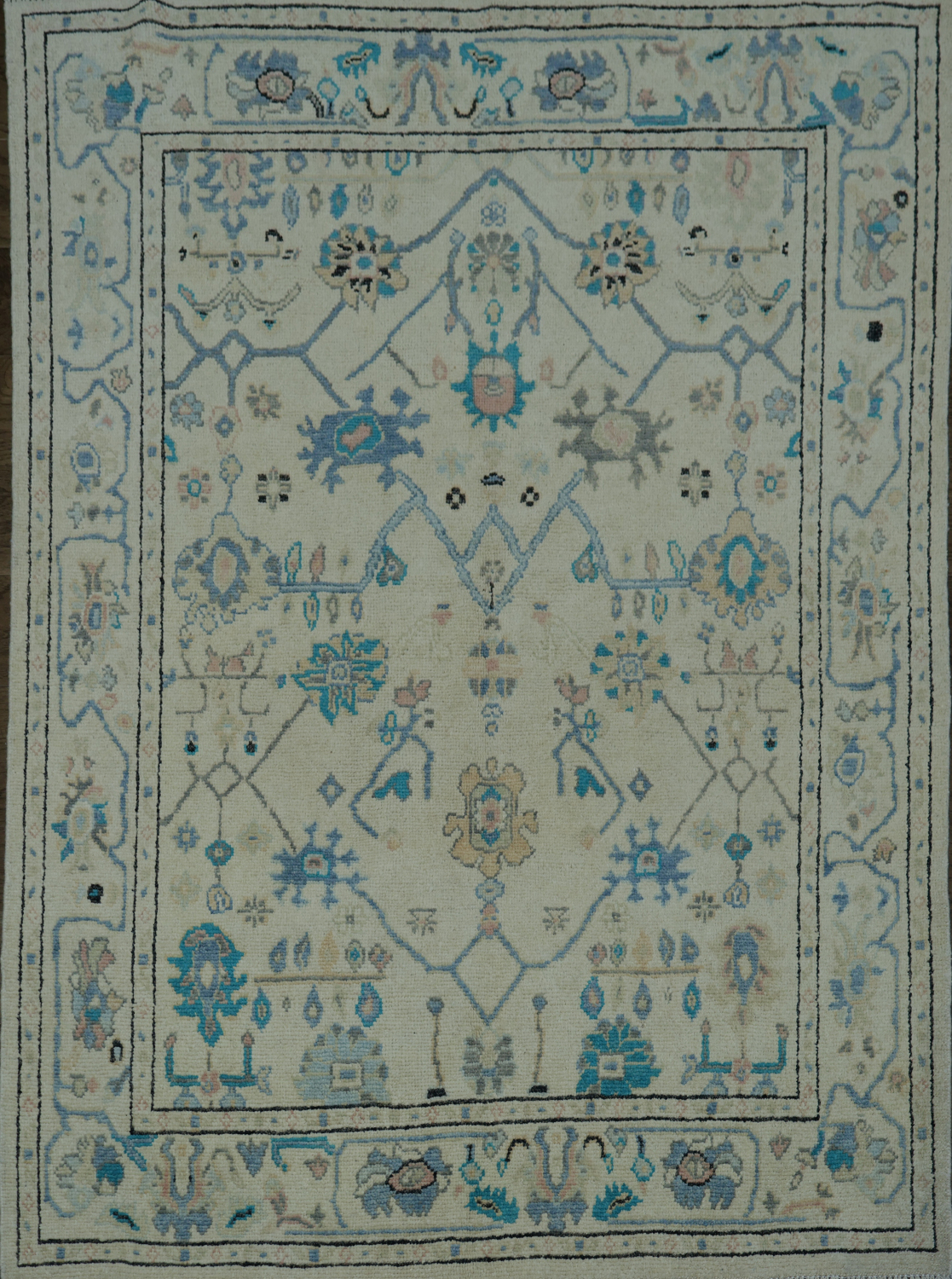 Geometric Beige and Blue Oushak Turkish Rug 5x6