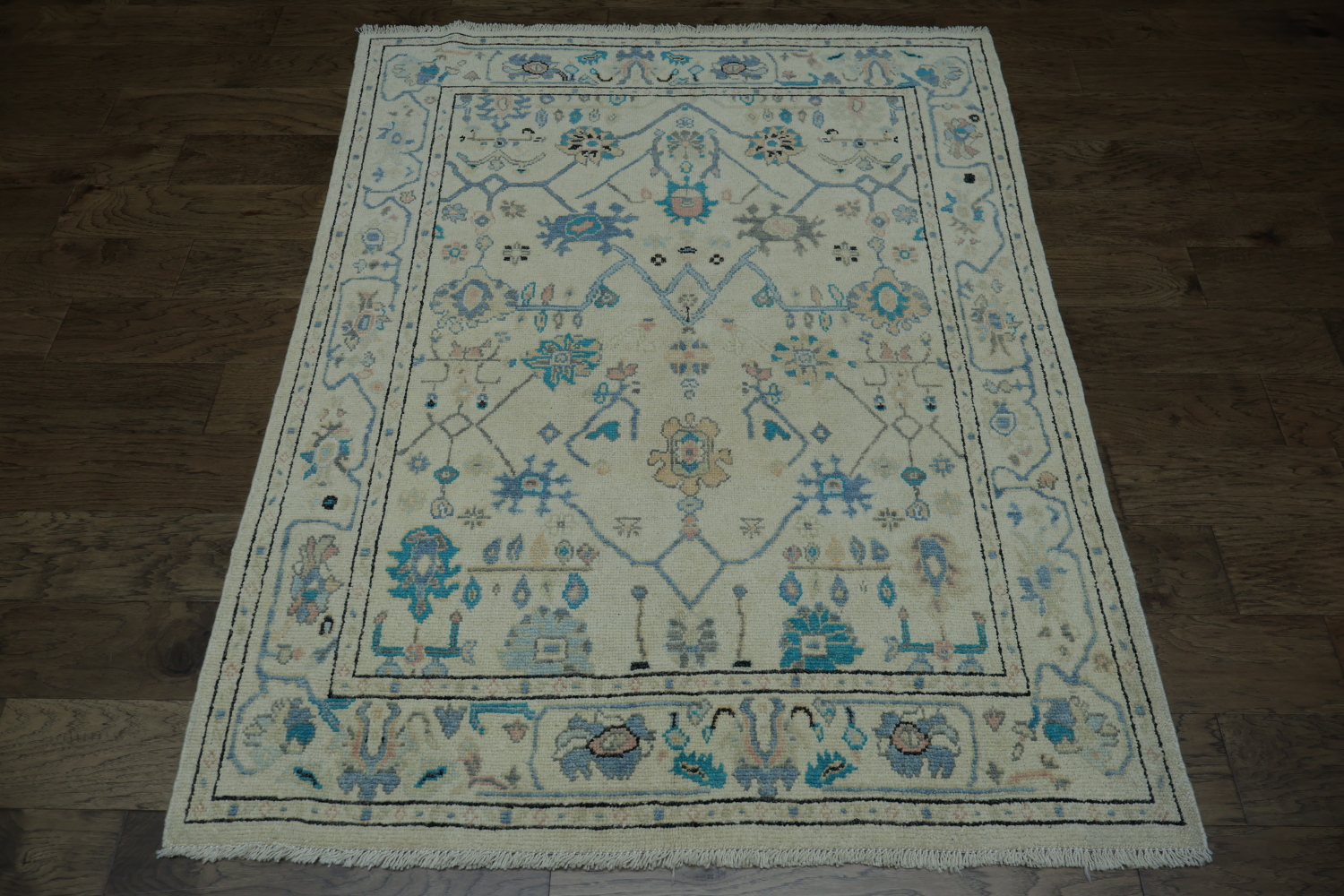 Geometric Beige and Blue Oushak Turkish Rug 5x6