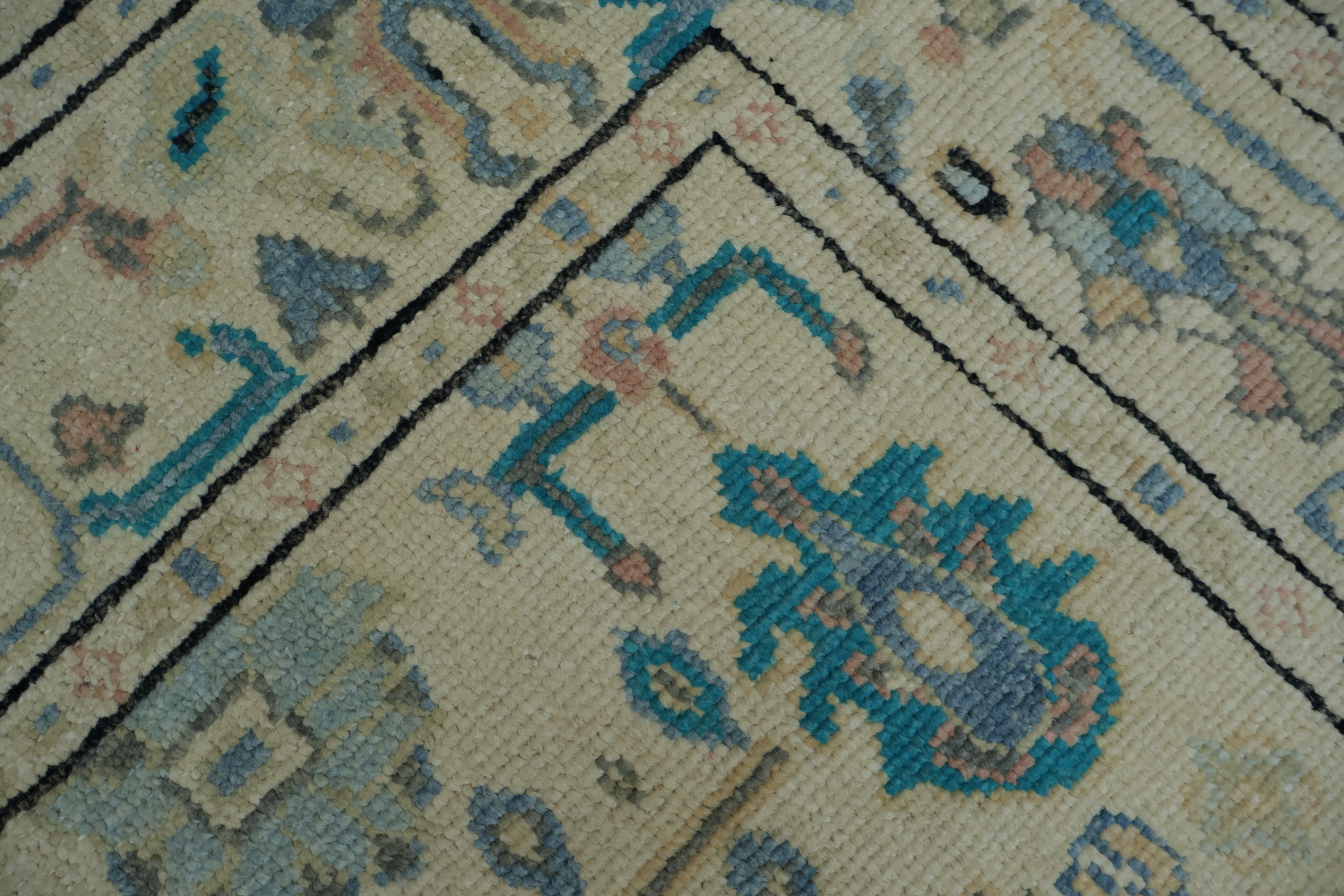 Geometric Beige and Blue Oushak Turkish Rug 5x6