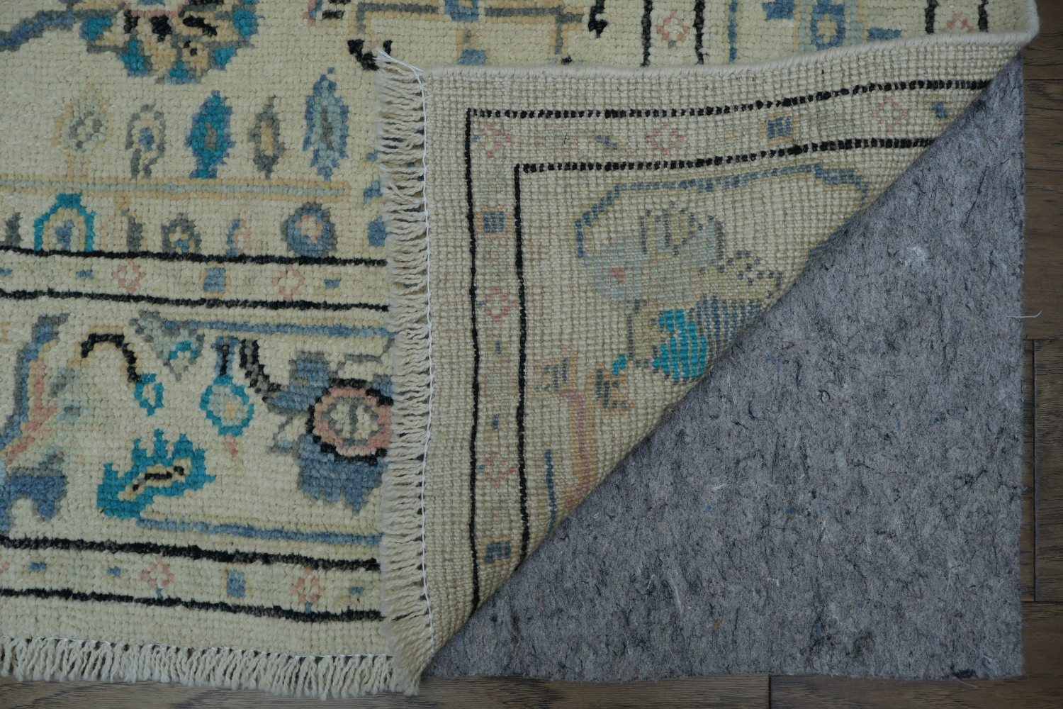 Geometric Beige and Blue Oushak Turkish Rug 5x6