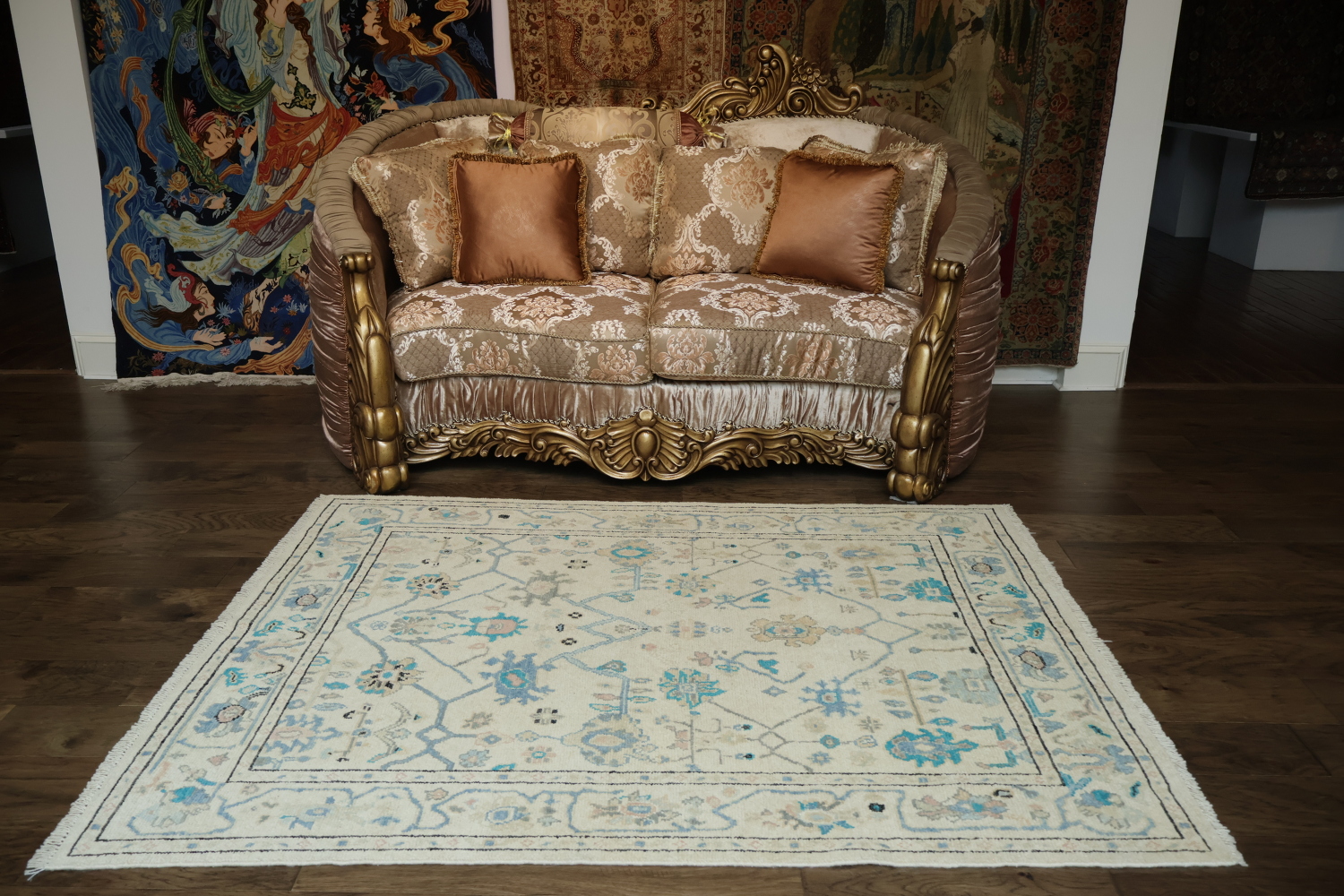 Geometric Beige and Blue Oushak Turkish Rug 5x6