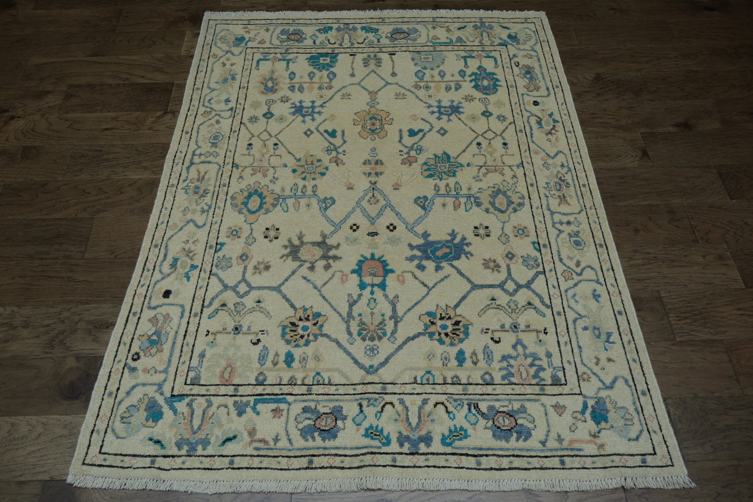 Geometric Beige and Blue Oushak Turkish Rug 5x6