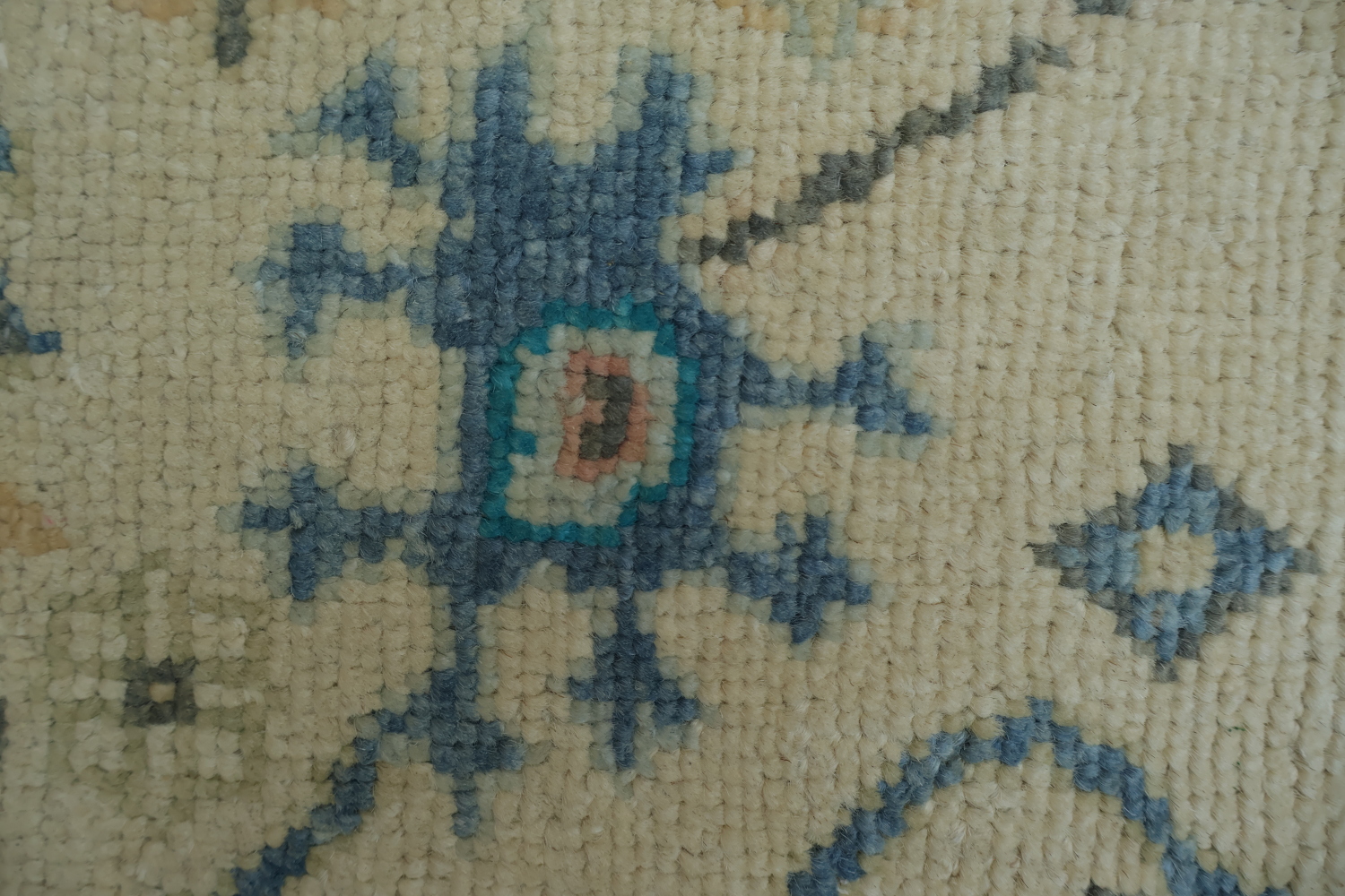 Geometric Beige and Blue Oushak Turkish Rug 5x6