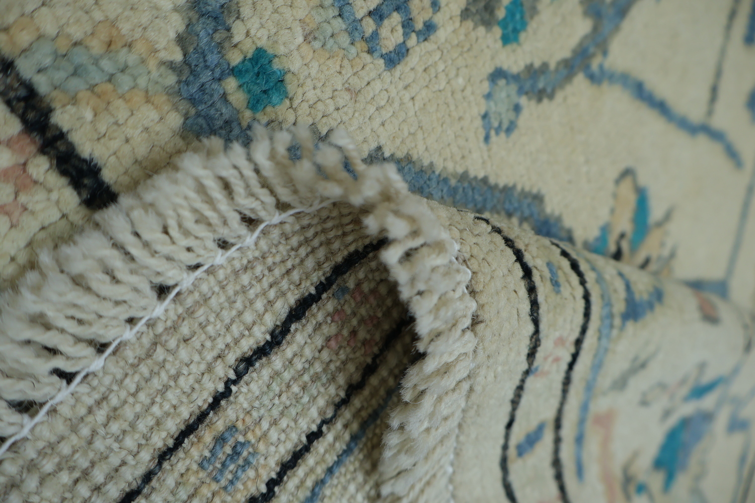 Geometric Beige and Blue Oushak Turkish Rug 5x6