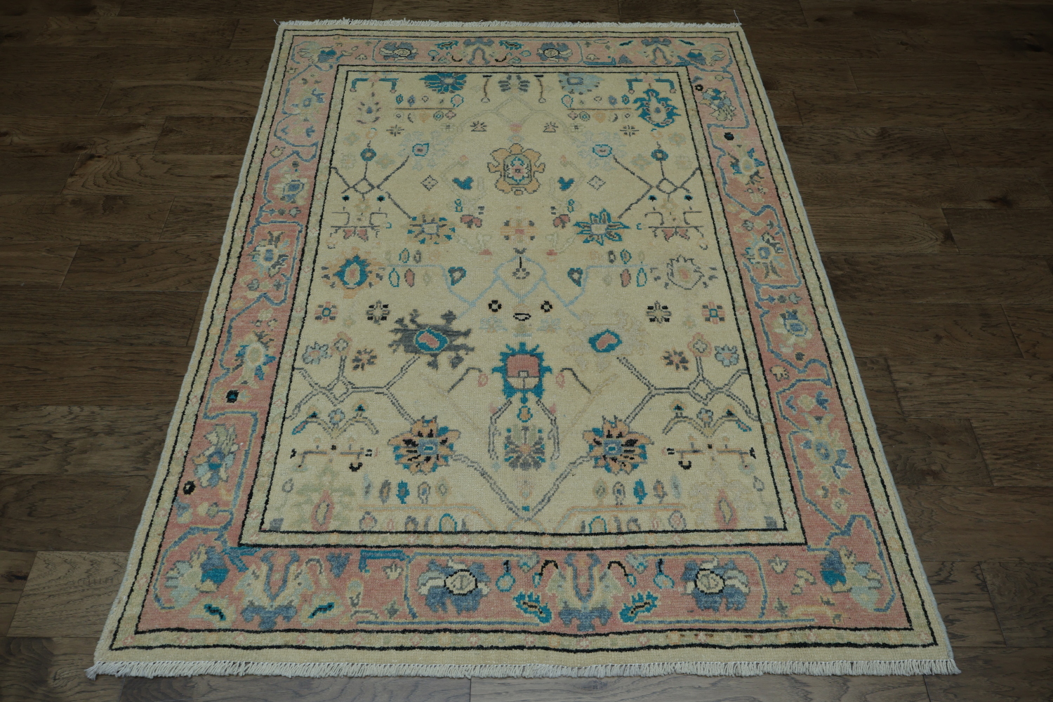 Soft-Toned Beige and Pink Turkish Rug with Classic Oriental Patterns 5x6