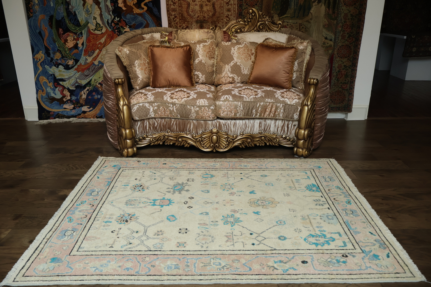 Soft-Toned Beige and Pink Turkish Rug with Classic Oriental Patterns 5x6