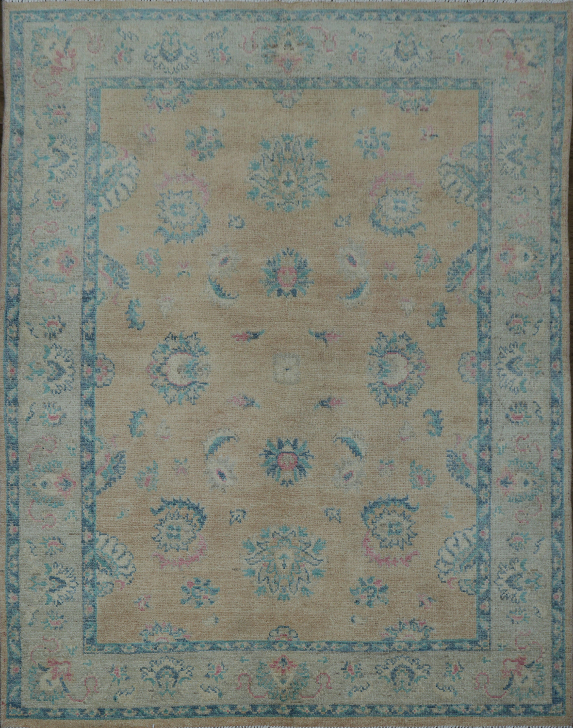 Muted Peach Coral and Turquoise Blue Oushak Turkish Rug 5x6